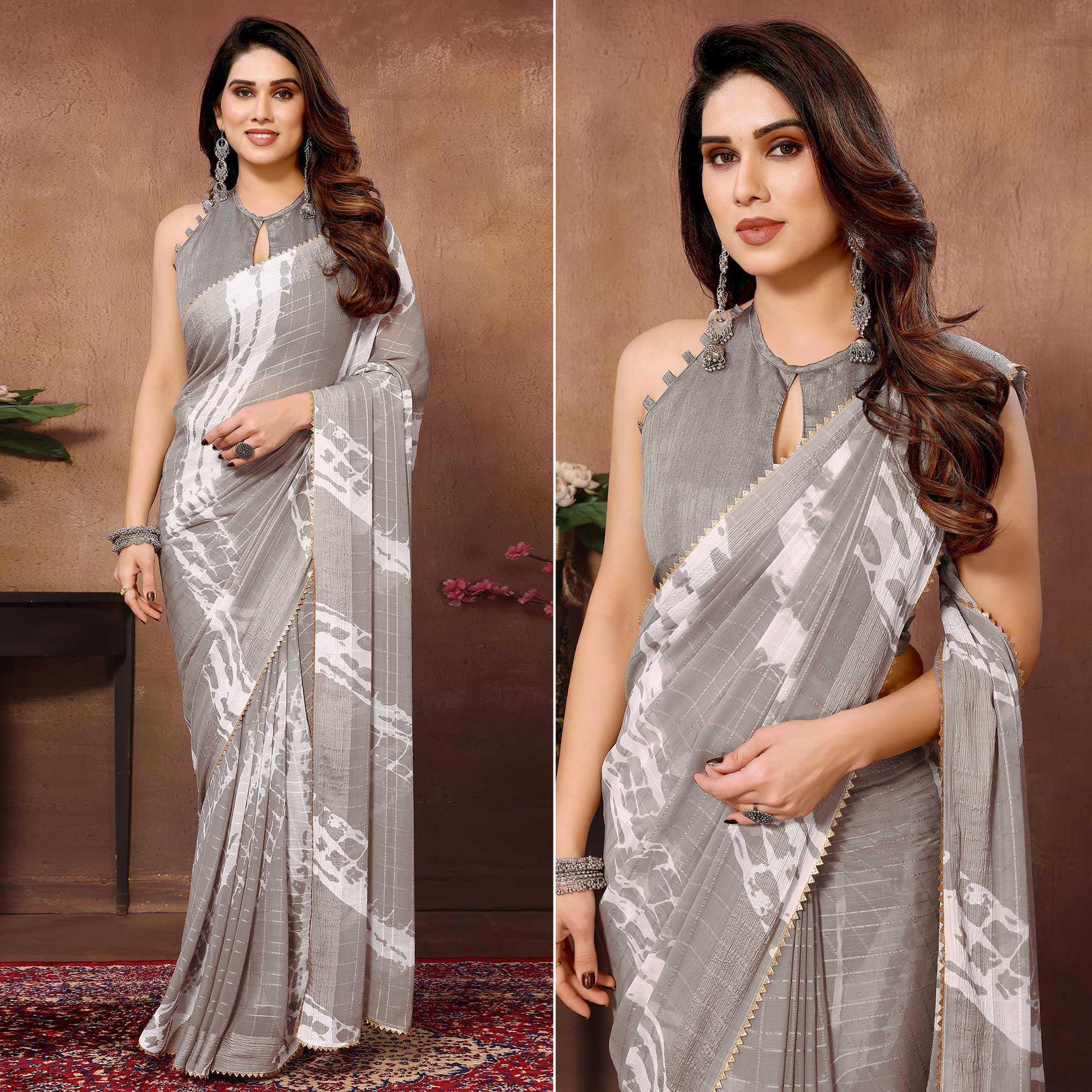 Light Grey Woven With Printed Ready To Wear Georgette Saree