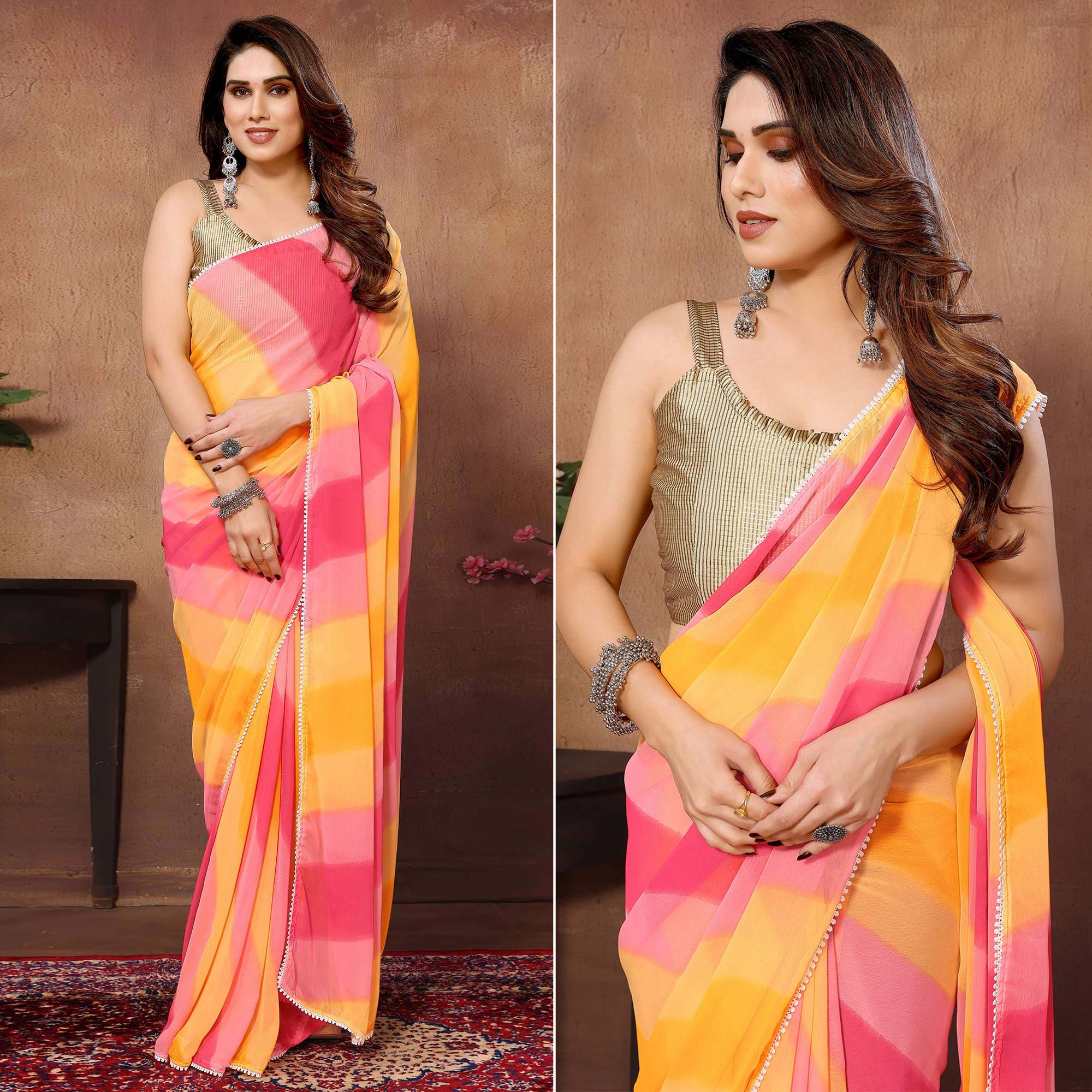 Yellow & Pink Printed Ready To Wear Georgette Saree