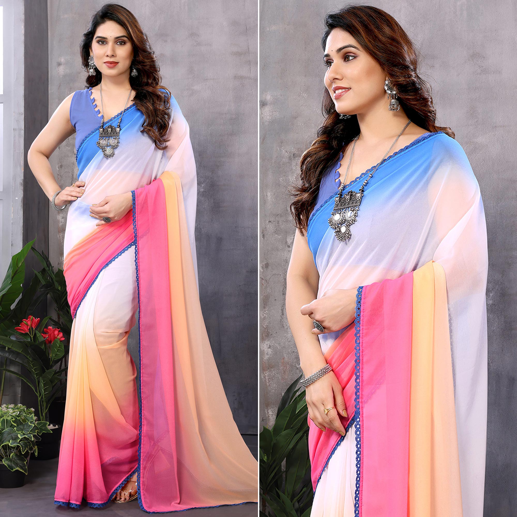 Multicolor Ombre Printed Georgette Ready To Wear Saree