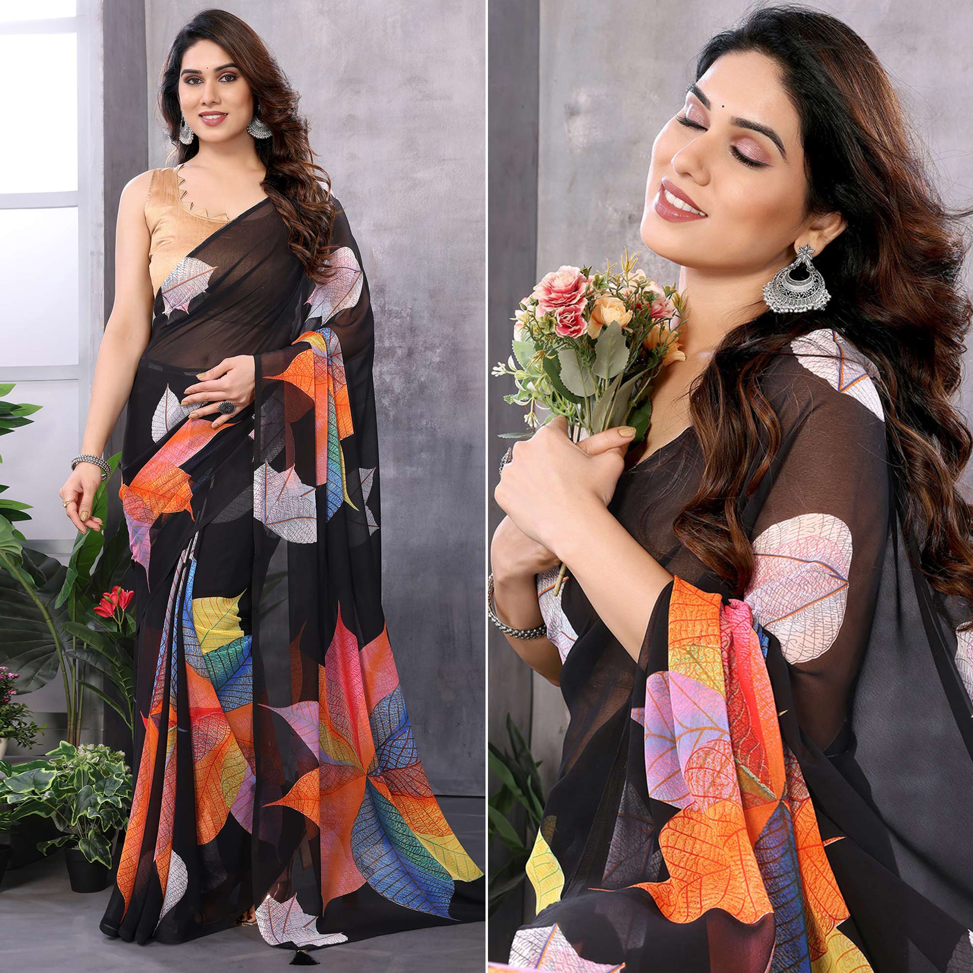 Black Printed Georgette Ready To Wear Saree