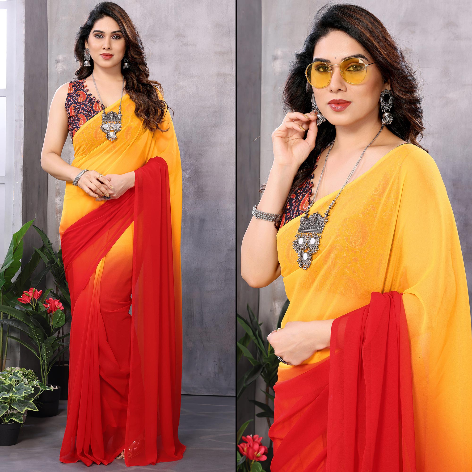 Red & Orange Ombre Printed Georgette Ready To Wear Saree