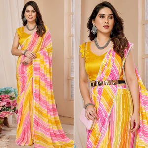 Yellow & Pink Printed Ready To Wear Georgette Saree