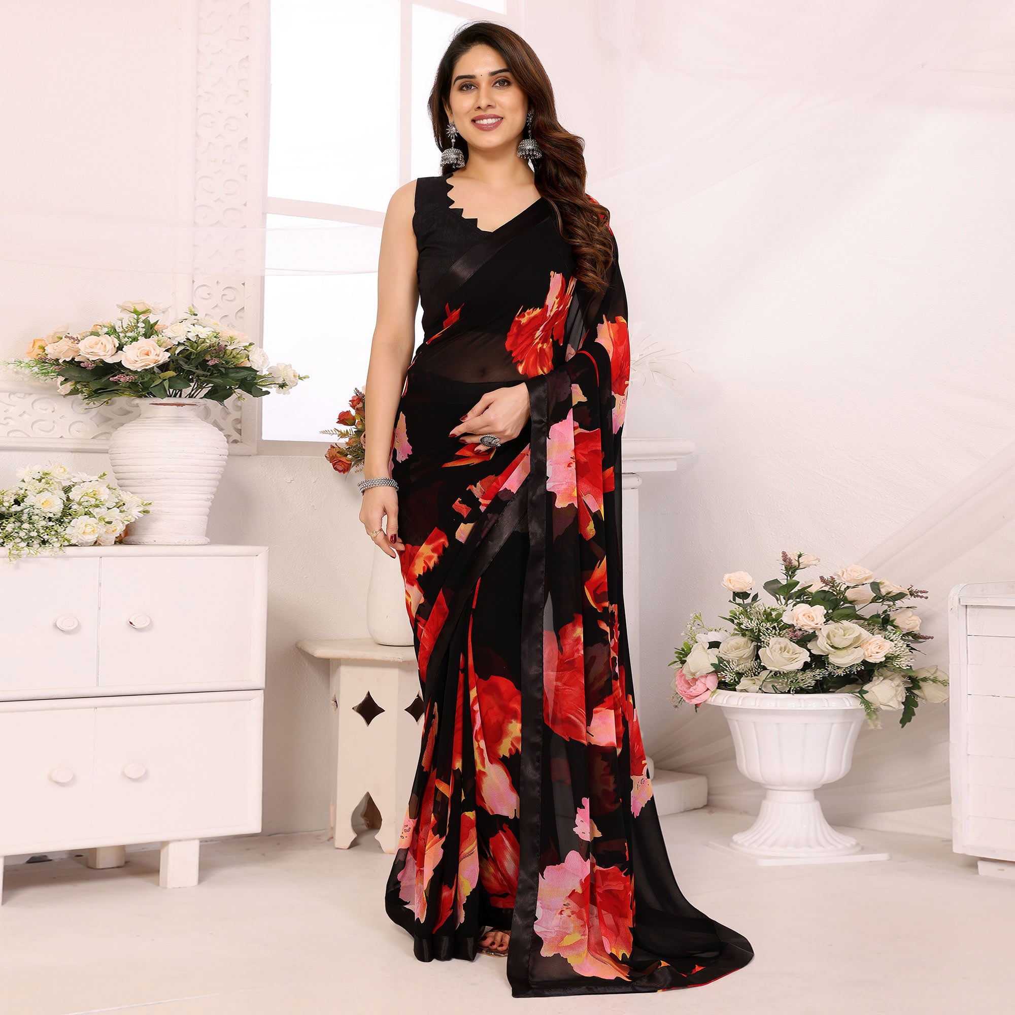 Black Floral Printed Georgette Ready To Wear Saree