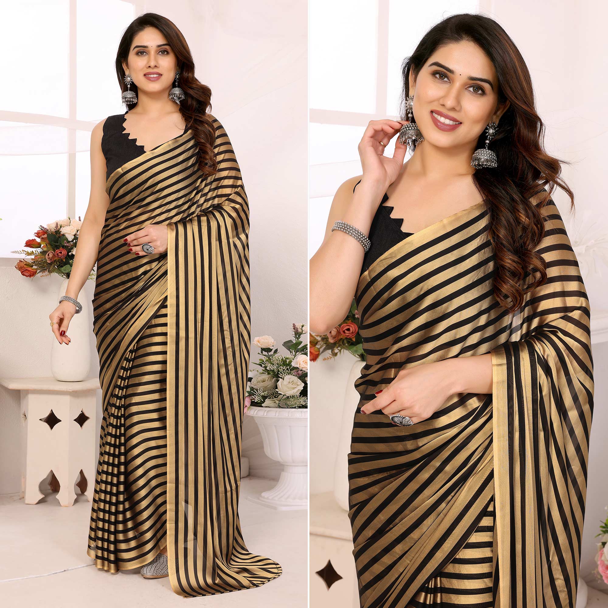 Gold Striped Printed Georgette Ready To Wear Saree