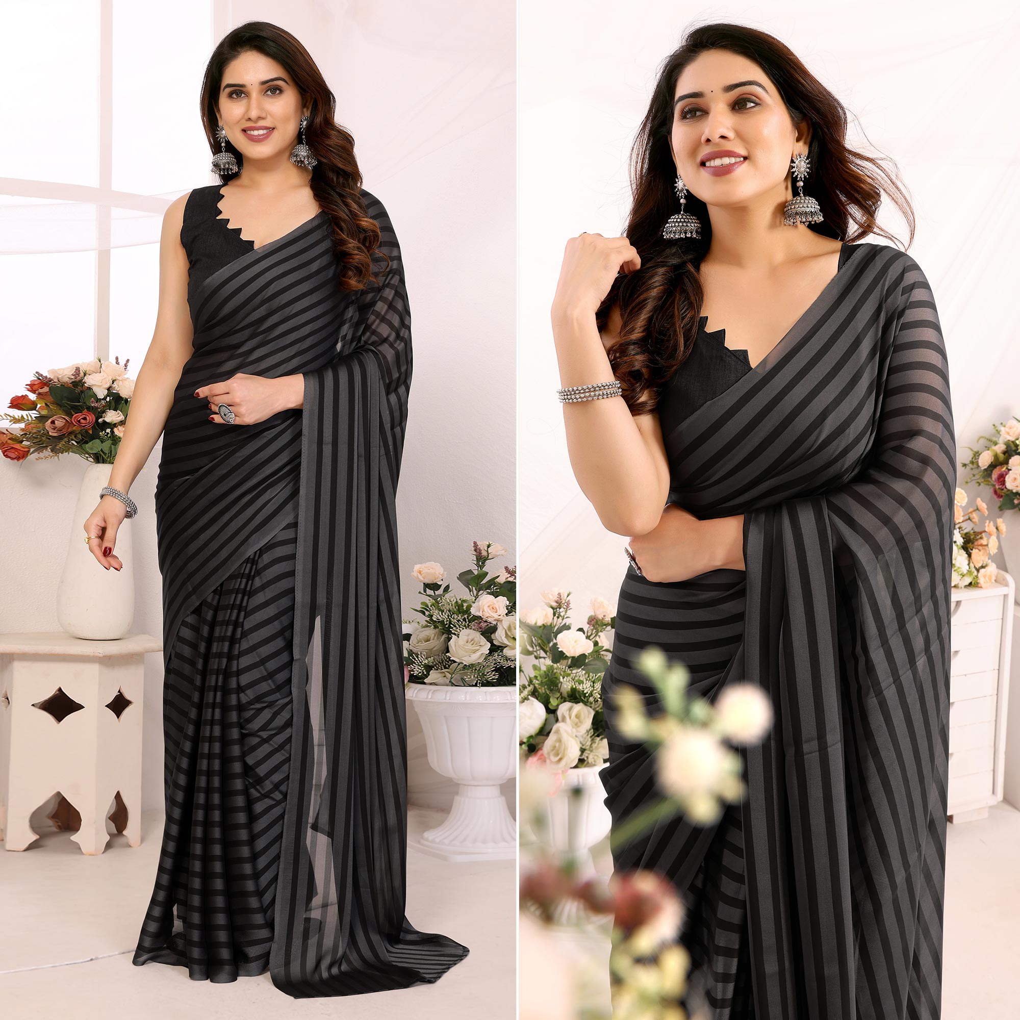 Grey Striped Printed Georgette Ready To Wear Saree