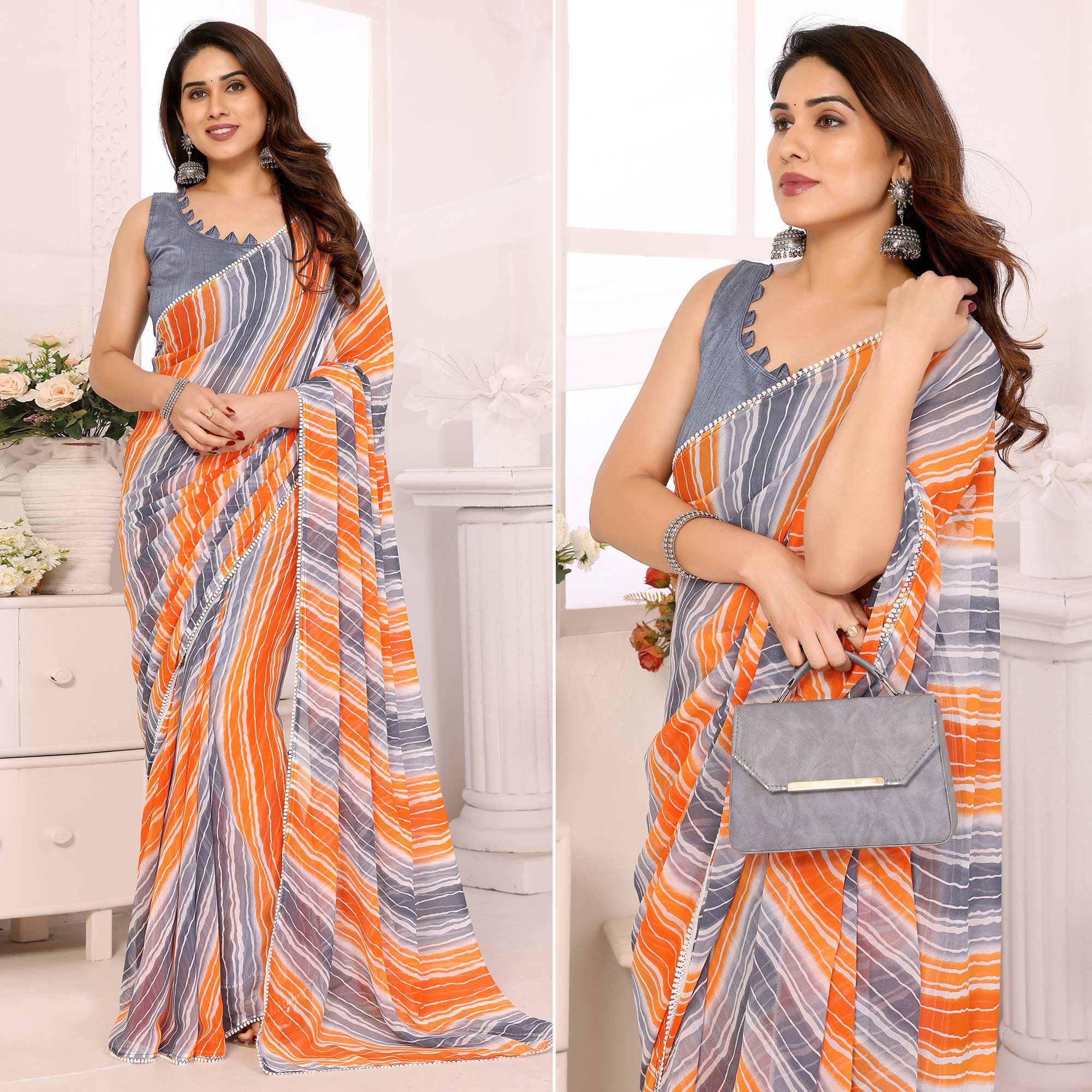 Grey & Orange Leheriya Printed Georgette Ready To Wear Saree