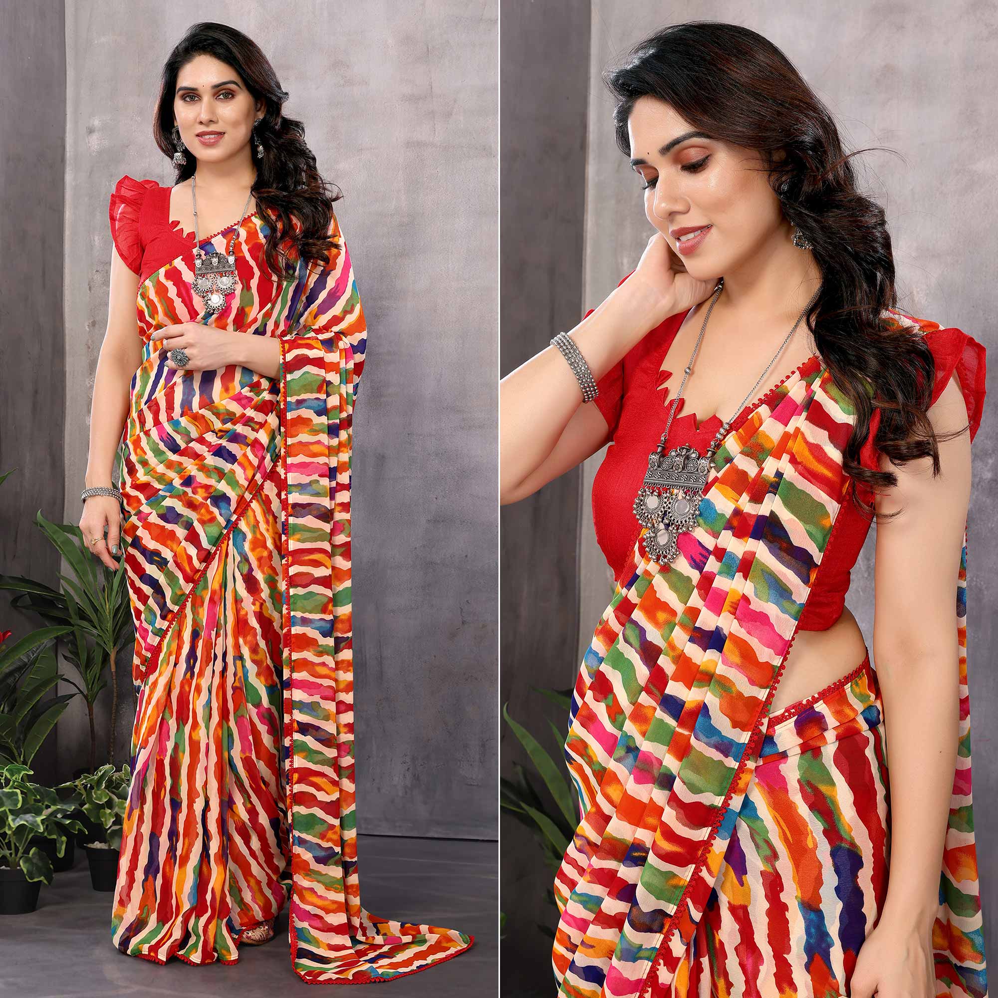 Multicolor Striped Printed Georgette Ready To Wear Saree