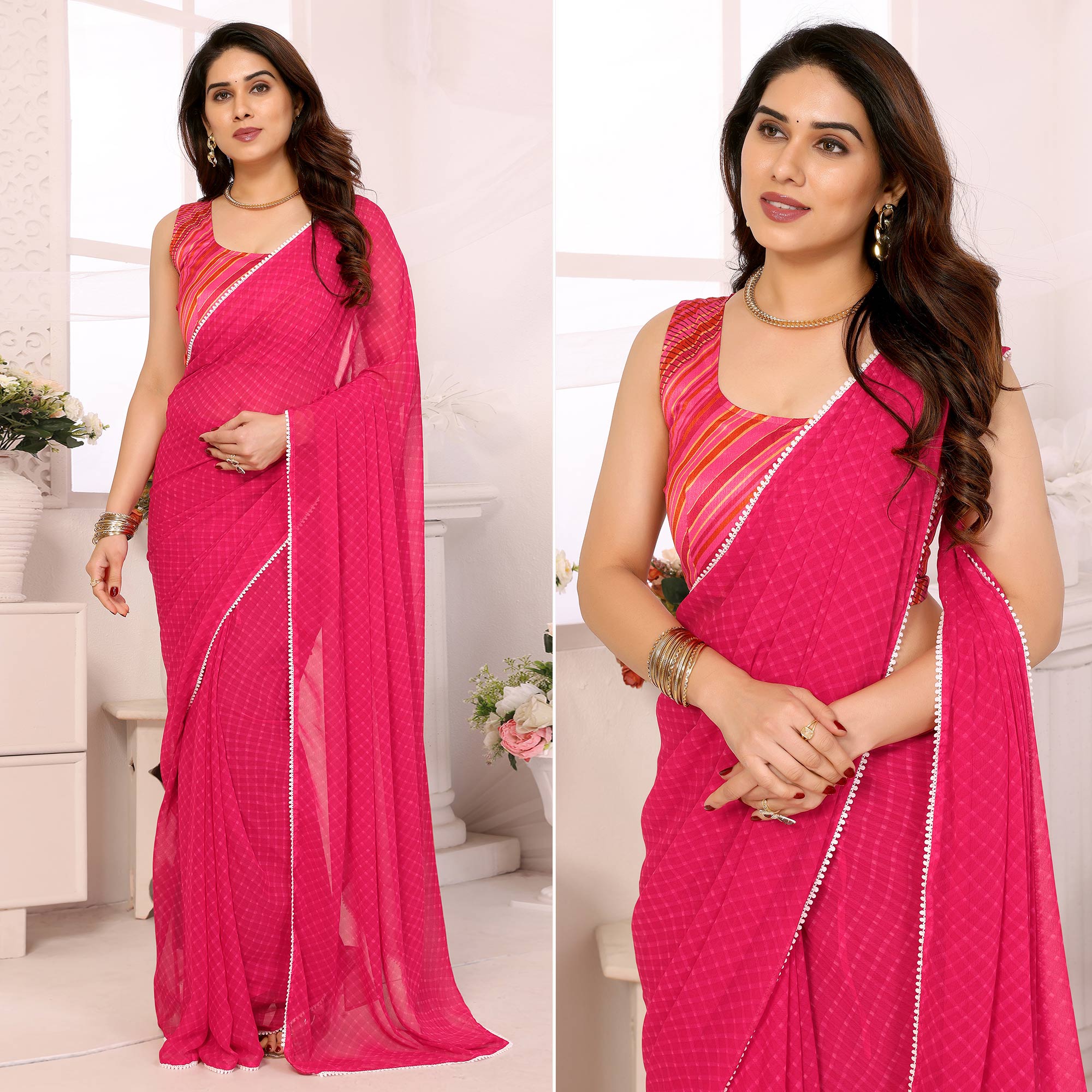 Pink Striped Printed Georgette Ready To Wear Saree