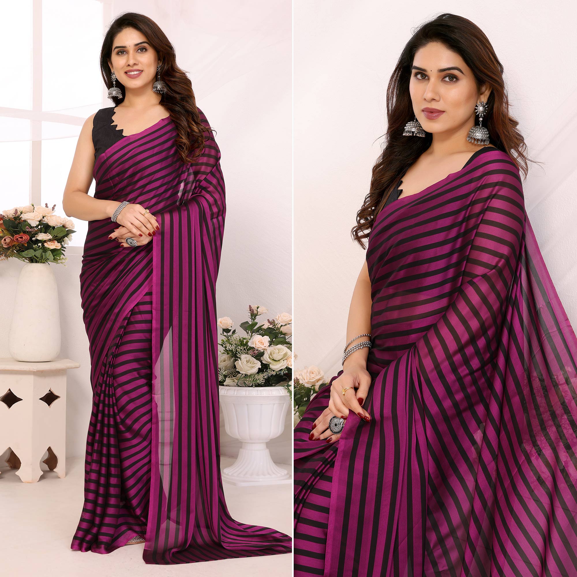 Purple Striped Printed Georgette Ready To Wear Saree