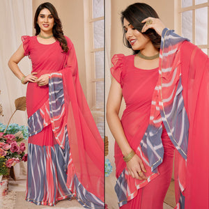 Pink Solid Georgette Saree With Printed Ruffle Border