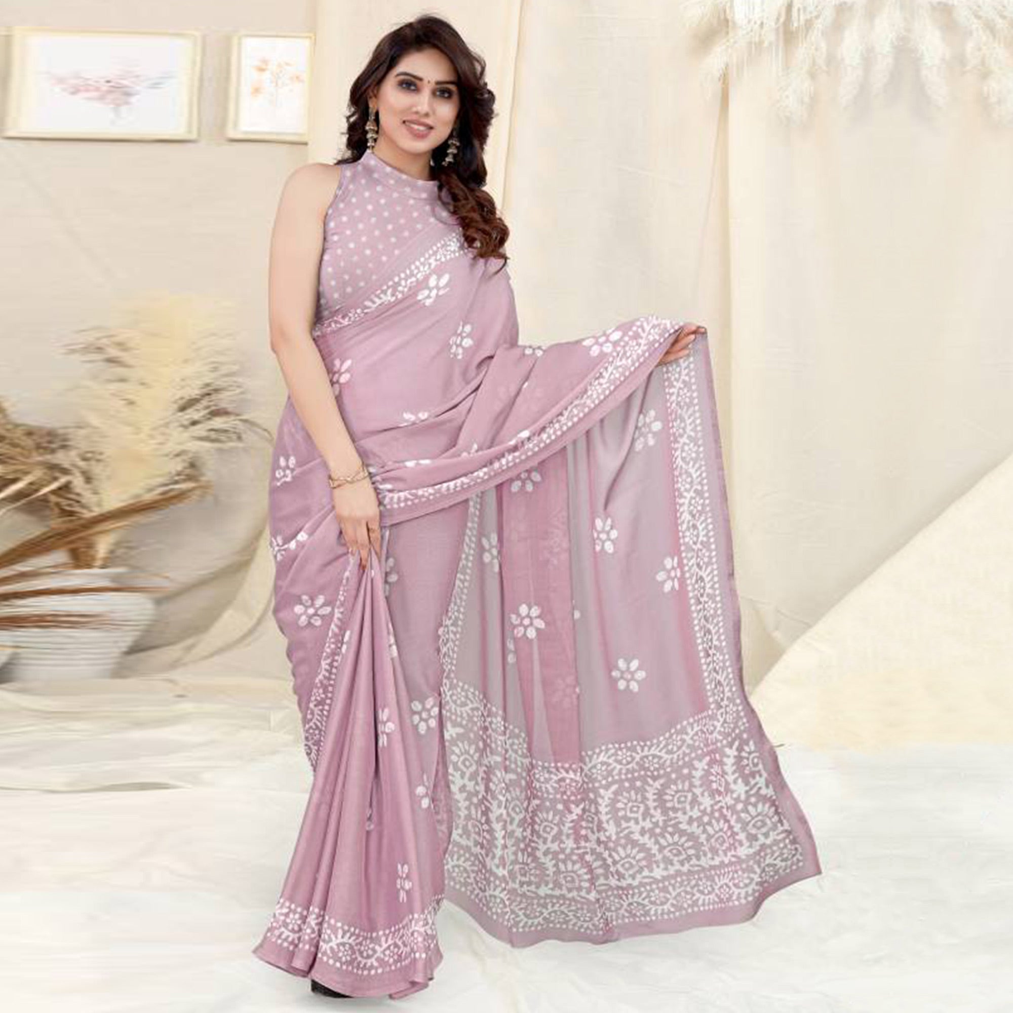 Pastel Pink Floral Printed Chiffon Saree