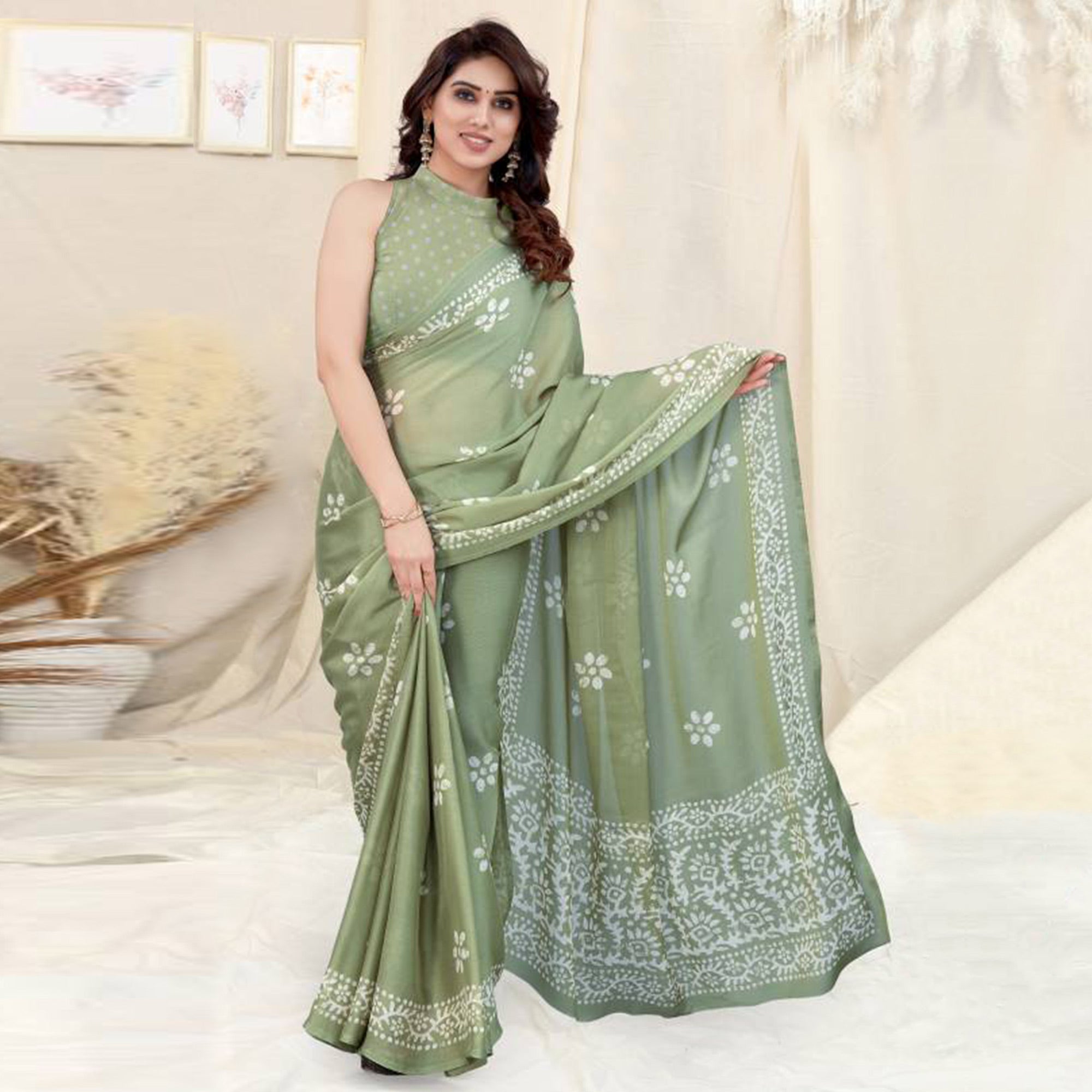 Pista Green Floral Printed Chiffon Saree