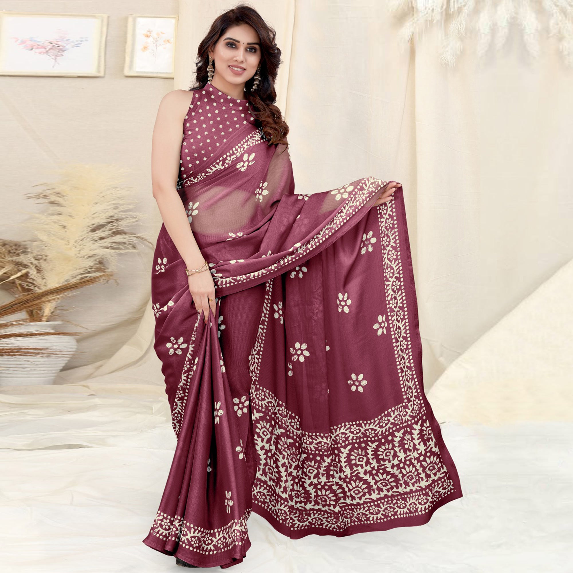 Wine Floral Printed Chiffon Saree