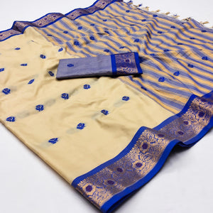 Beige & Blue Woven Cotton Silk Saree With Tassels