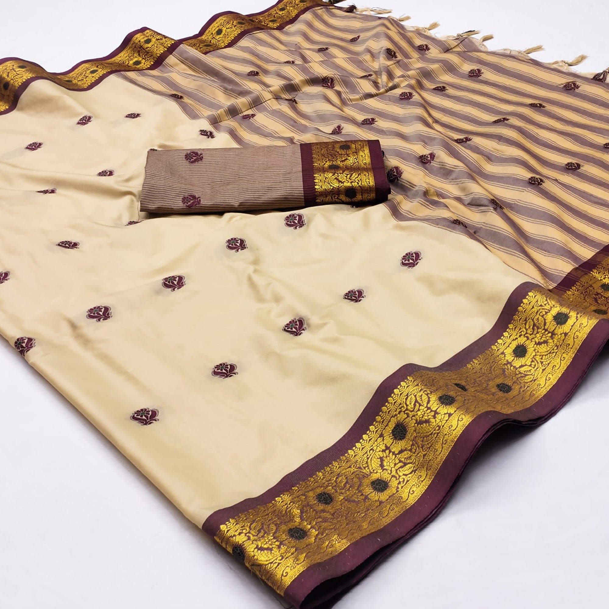 Beige & Brown Woven Cotton Silk Saree With Tassels