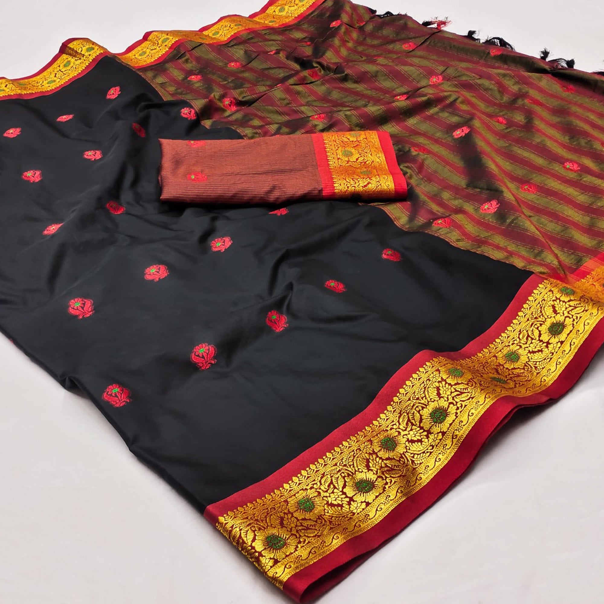 Black Woven Cotton Silk Saree With Tassels