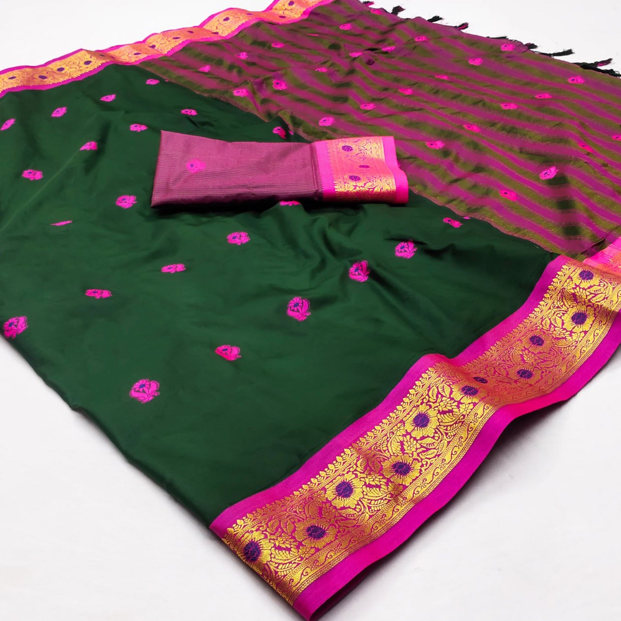Green Woven Cotton Silk Saree With Tassels