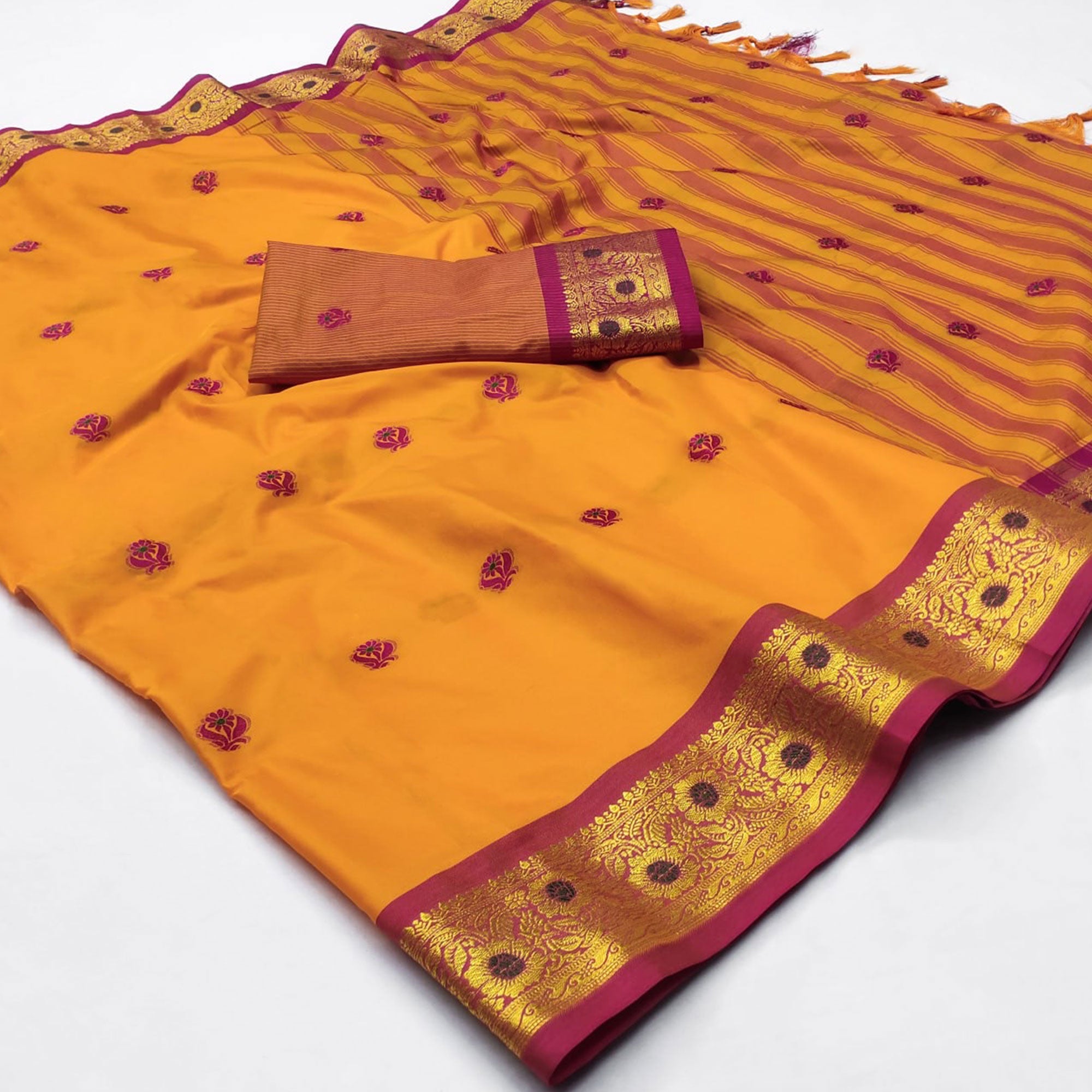 Orange Woven Cotton Silk Saree With Tassels