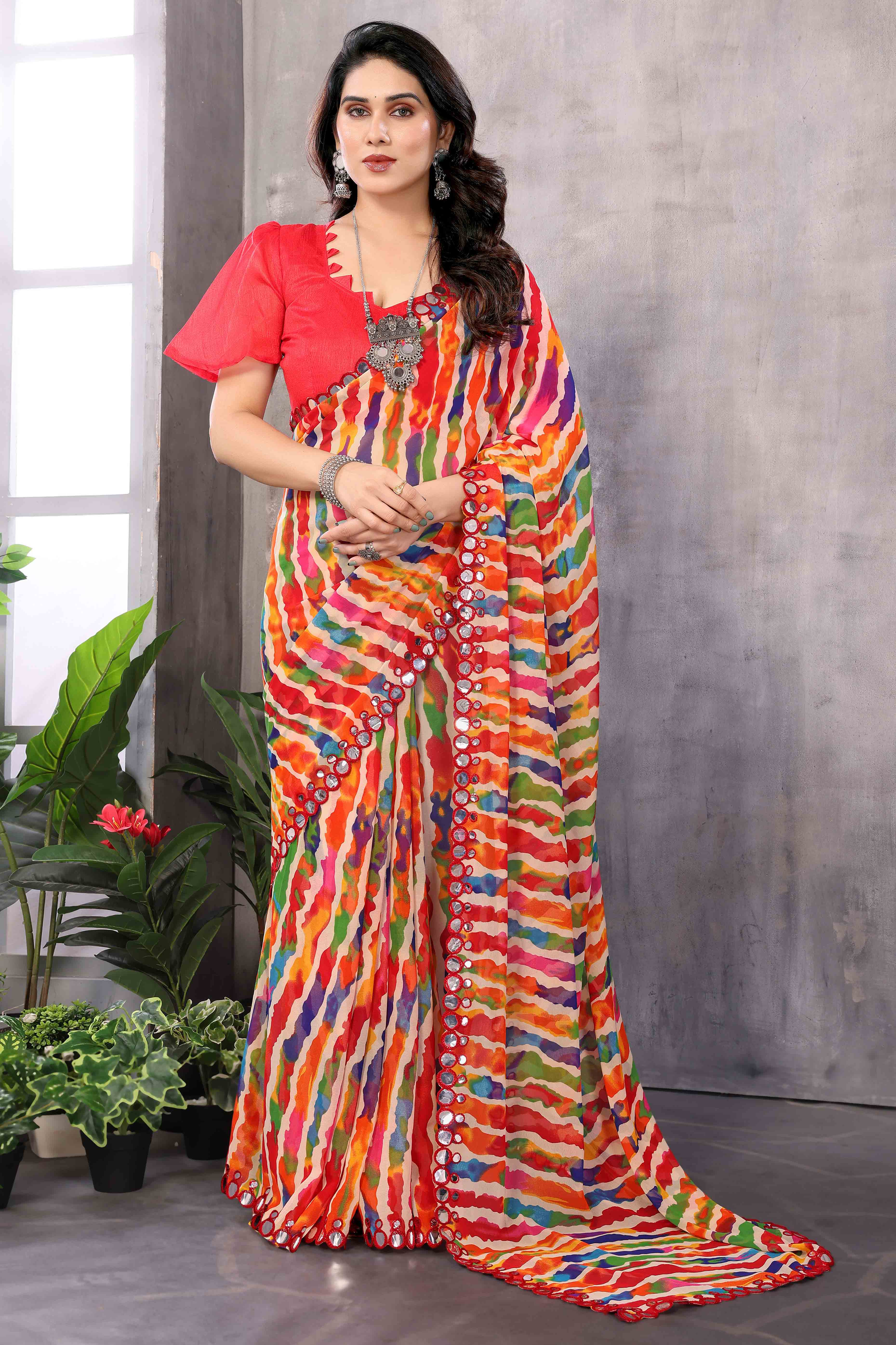 Multicolor Striped Printed Georgette Saree With Embroidered Border