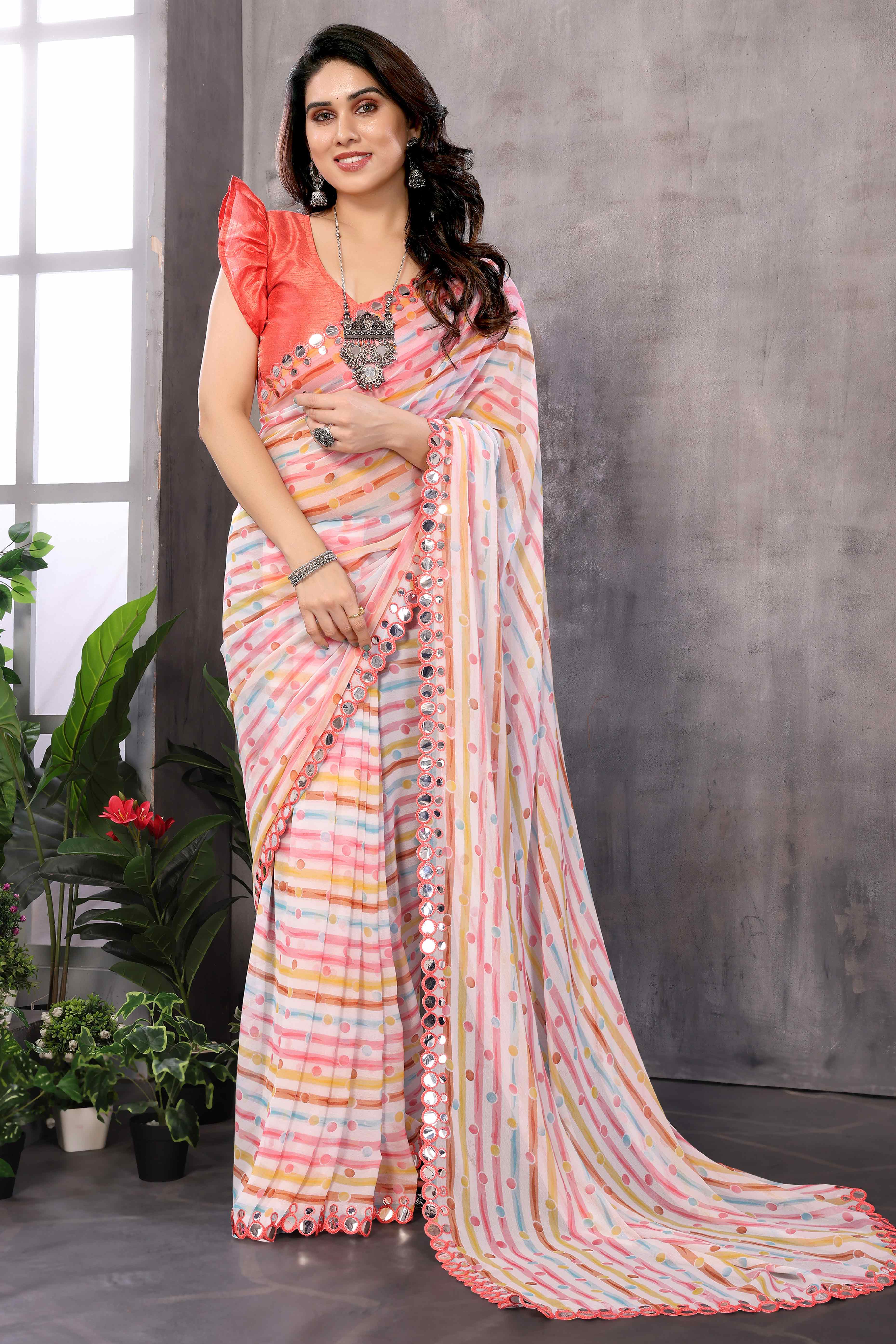 Peach Striped Printed Georgette Saree With Embroidered Border