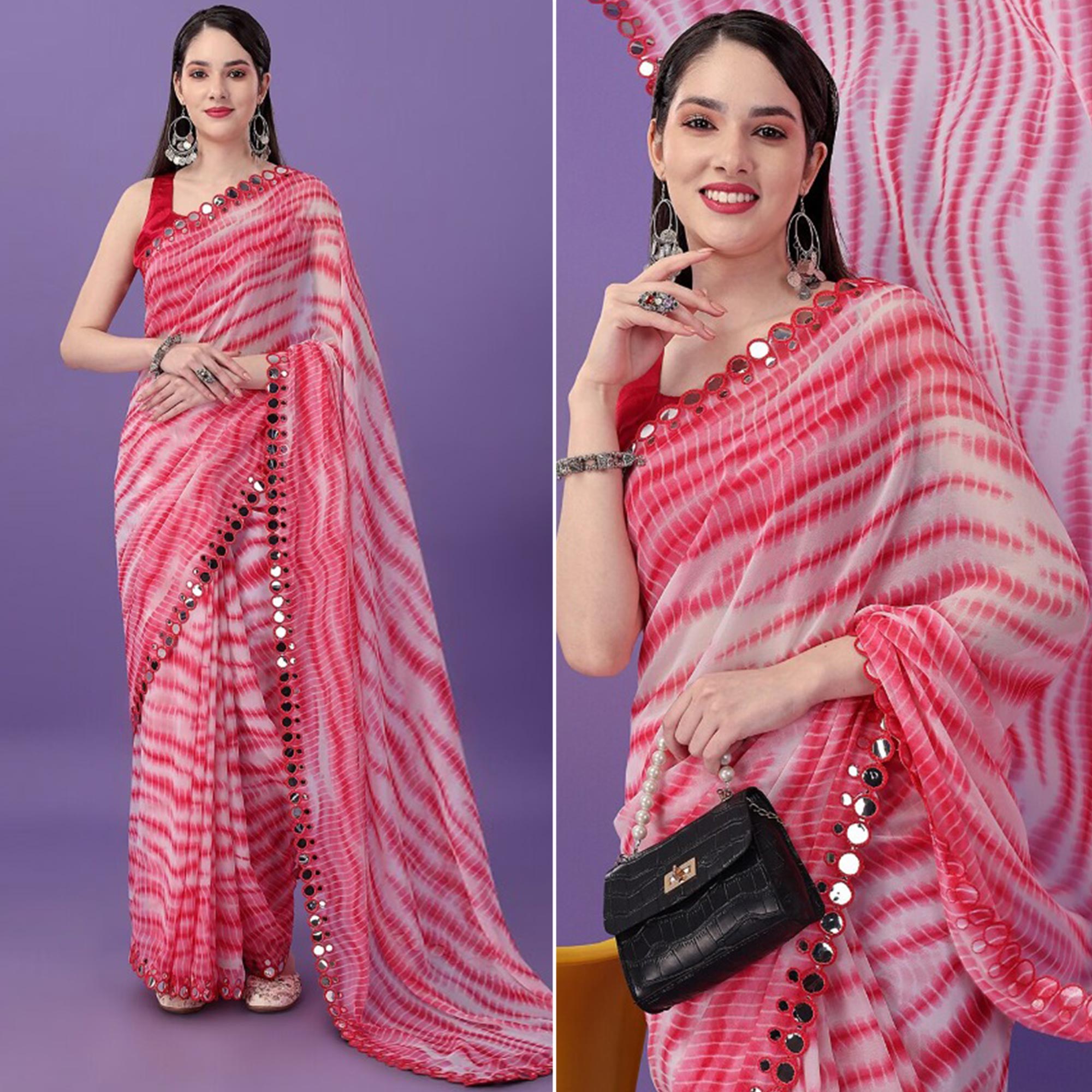 Pink Printed With Embroidered Border Georgette Saree