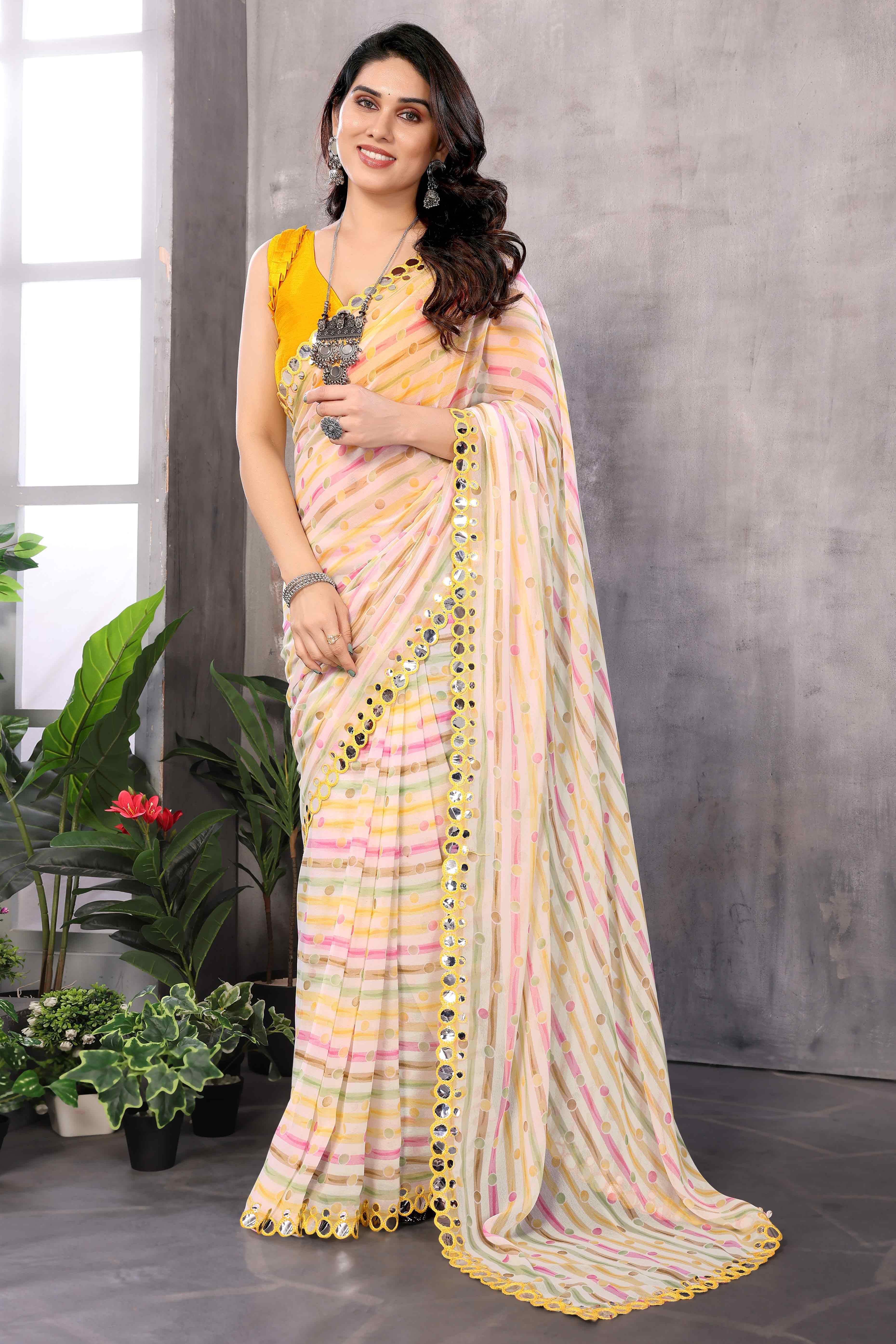 Yellow Striped Printed Georgette Saree With Embroidered Border