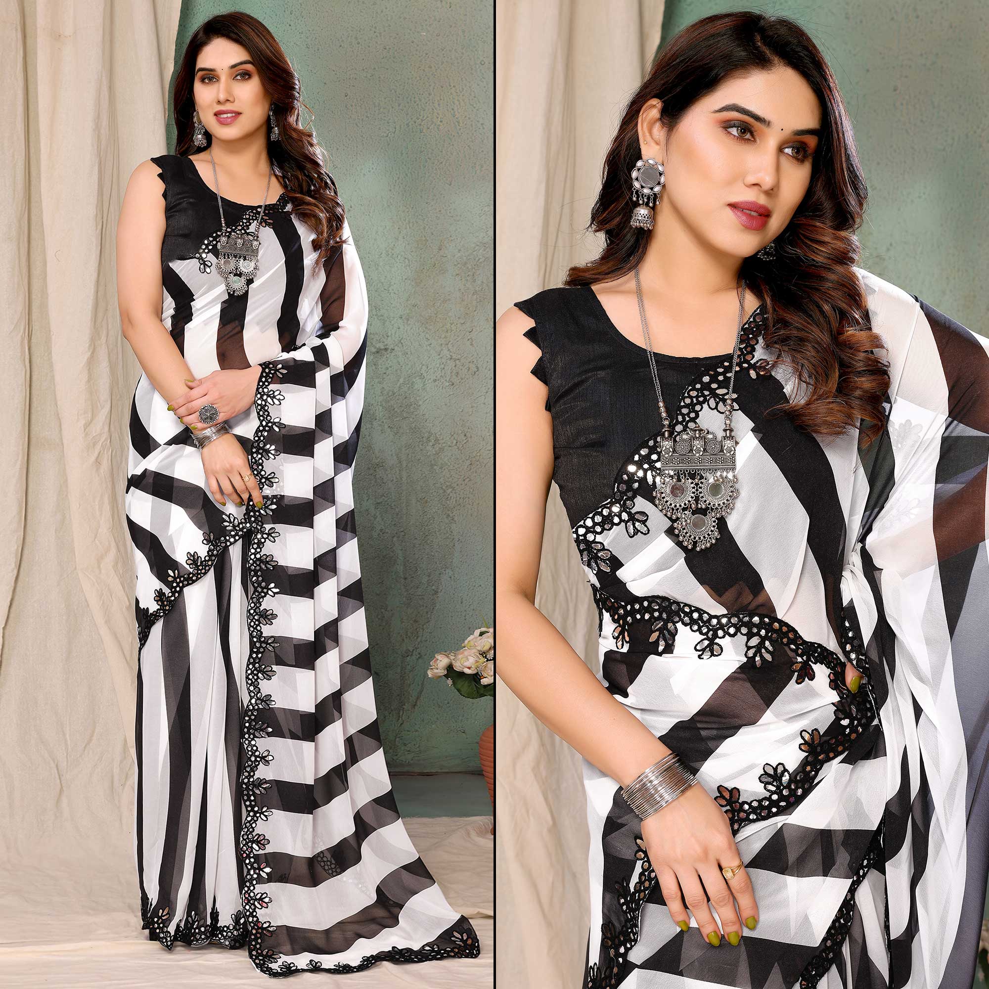 Black & White Printed Georgette Saree With Mirror Work Border