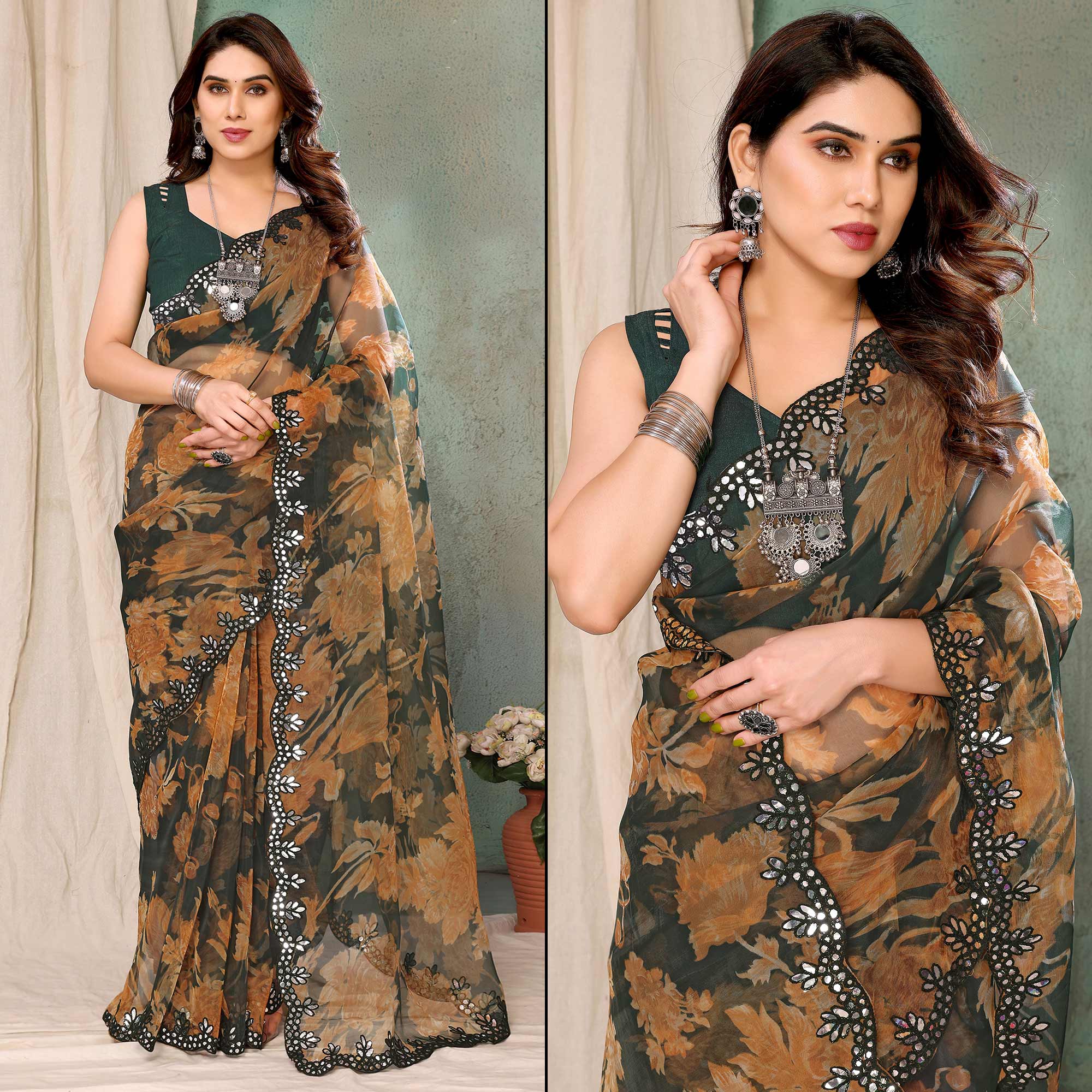 Dark Green  Printed Georgette Saree With Mirror Work Border