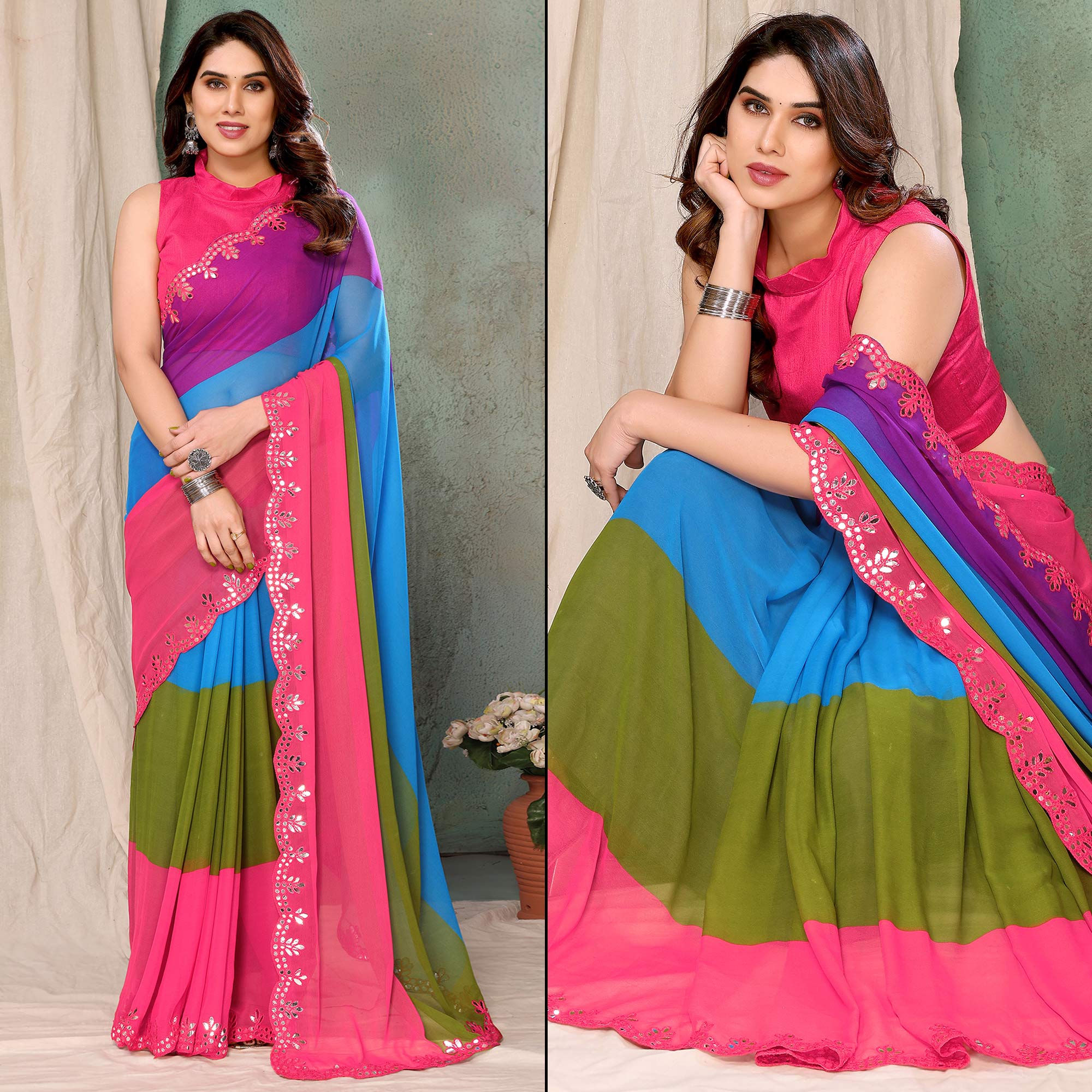 Multicolor Printed Georgette Saree With Mirror Work Border