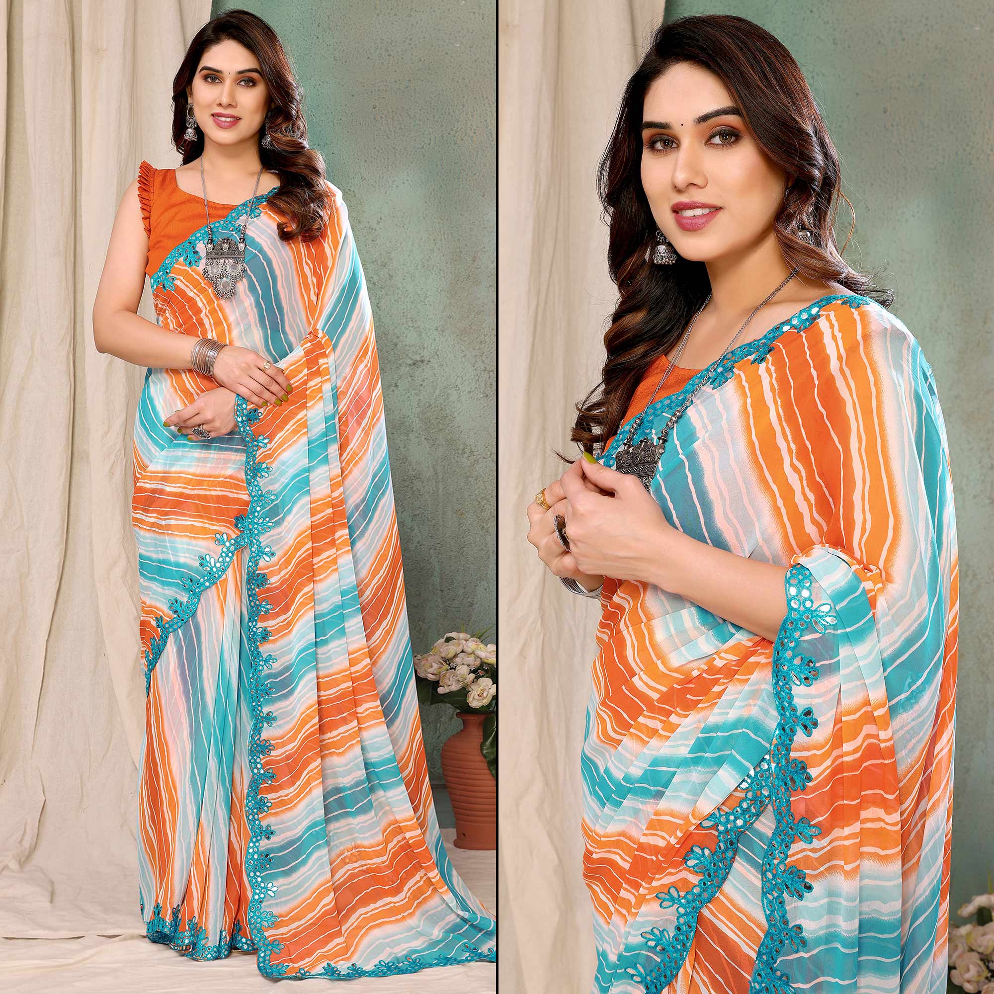 Orange & Sky Blue Printed Georgette Saree With Mirror Work Border