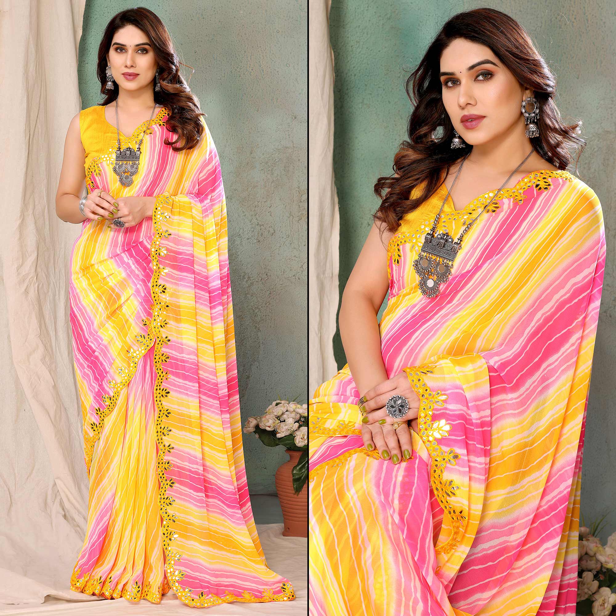 Yellow & Pink Printed Georgette Saree With Mirror Work Border