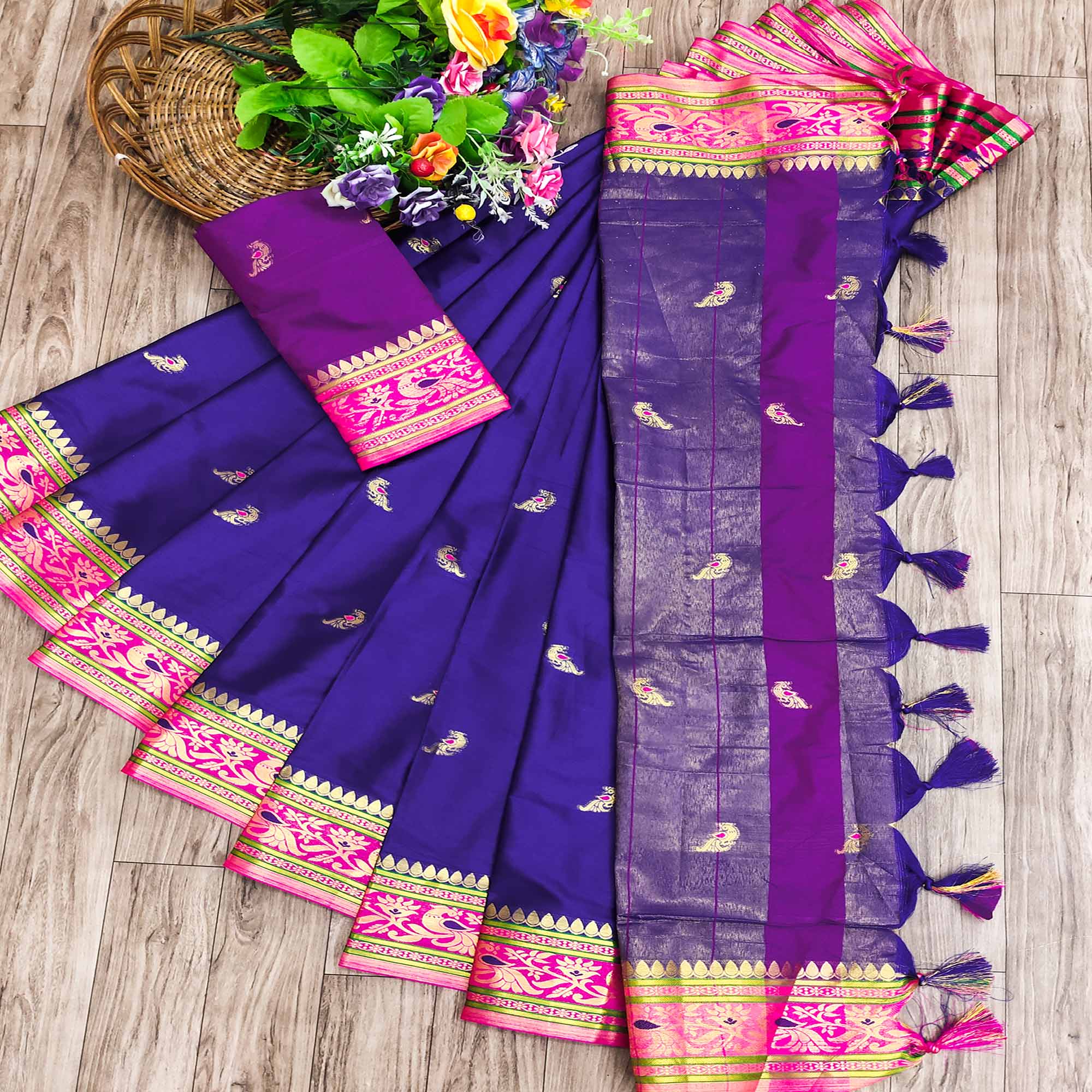 Blue Butti Work Woven Cotton Silk Saree