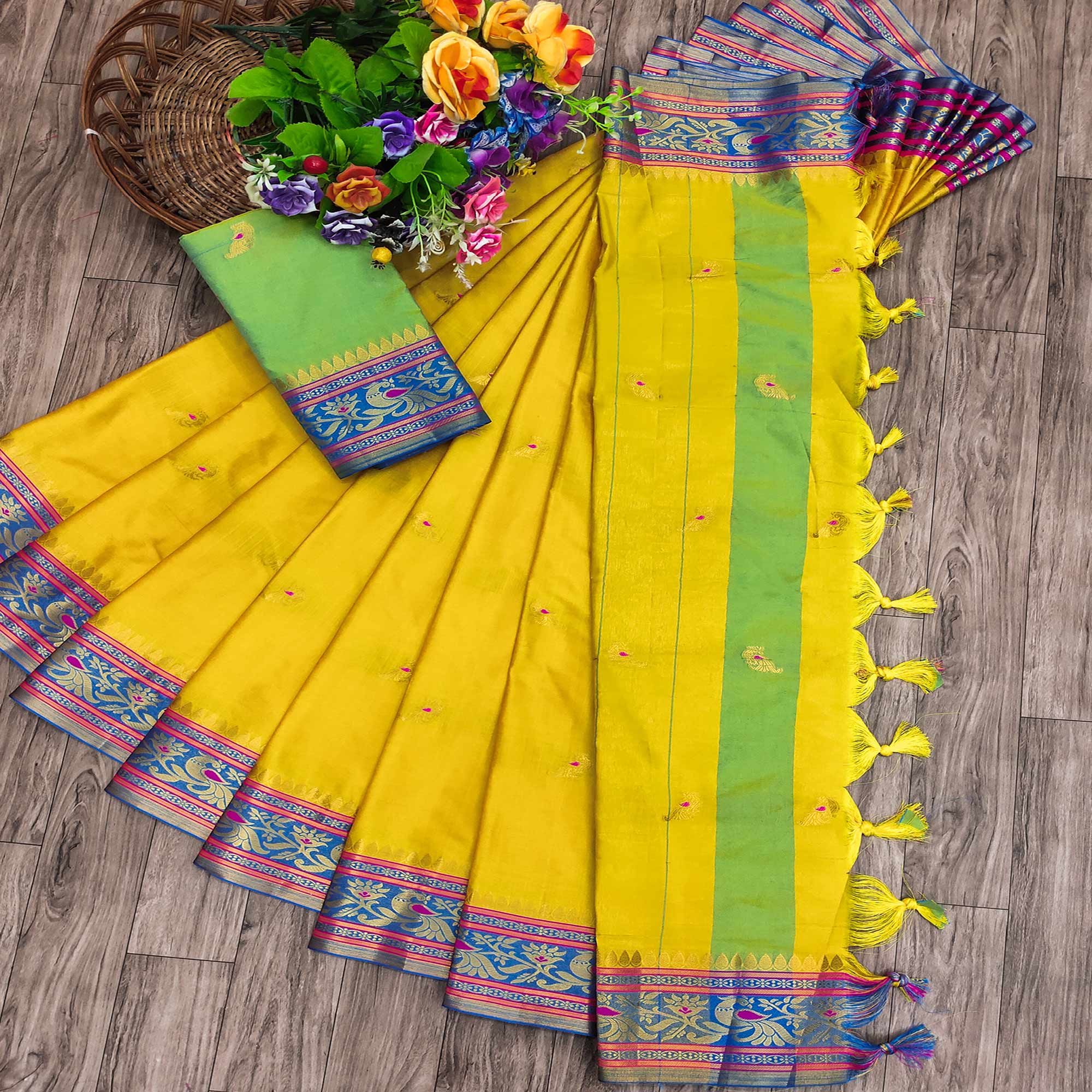 Yellow Butti Work Woven Cotton Silk Saree