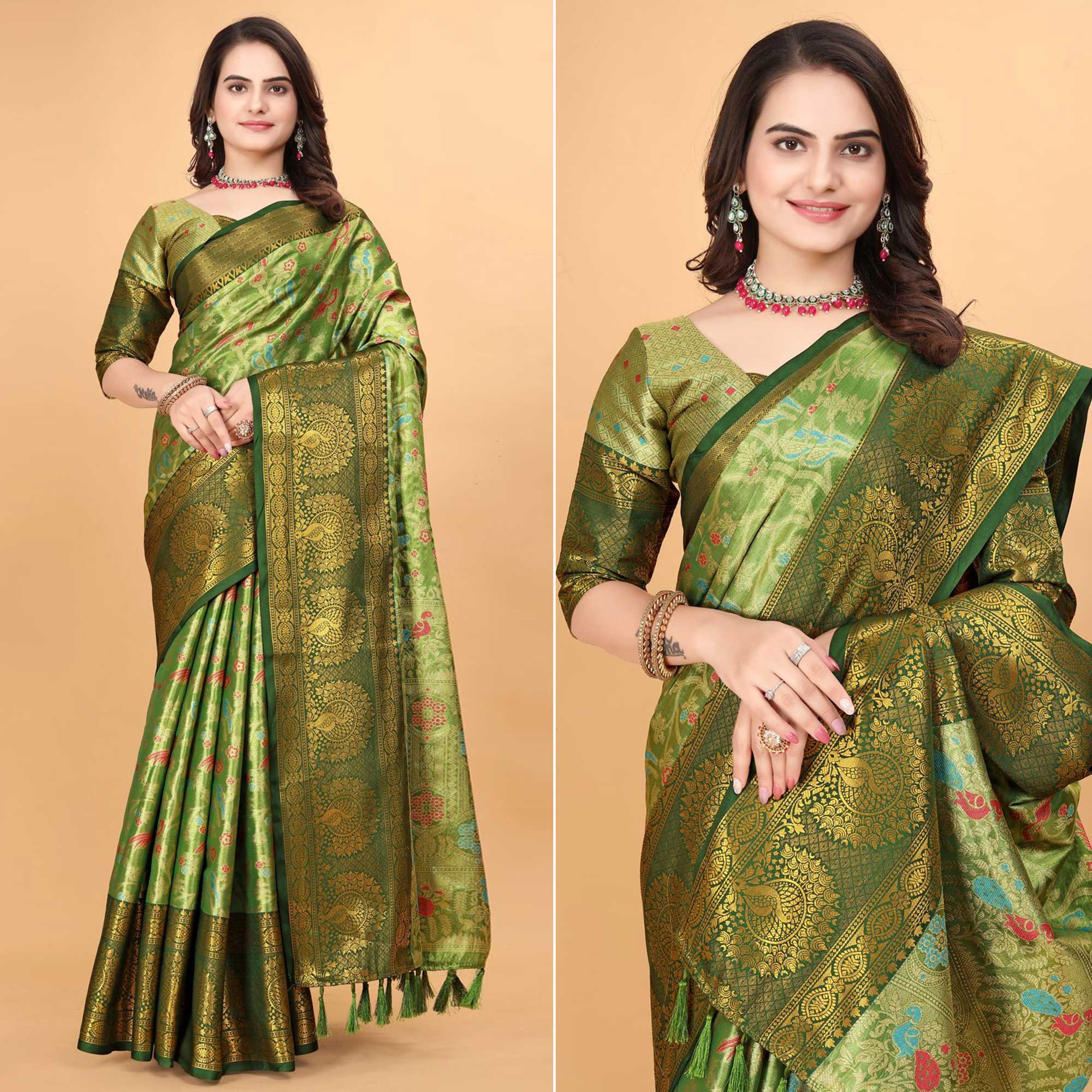 Green Floral Woven Tissue Silk Saree With Tassels