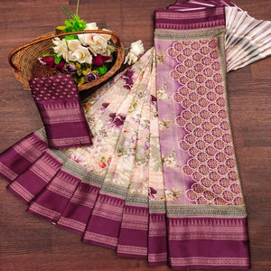 Magenta Floral Digital Printed Cotton Silk Saree