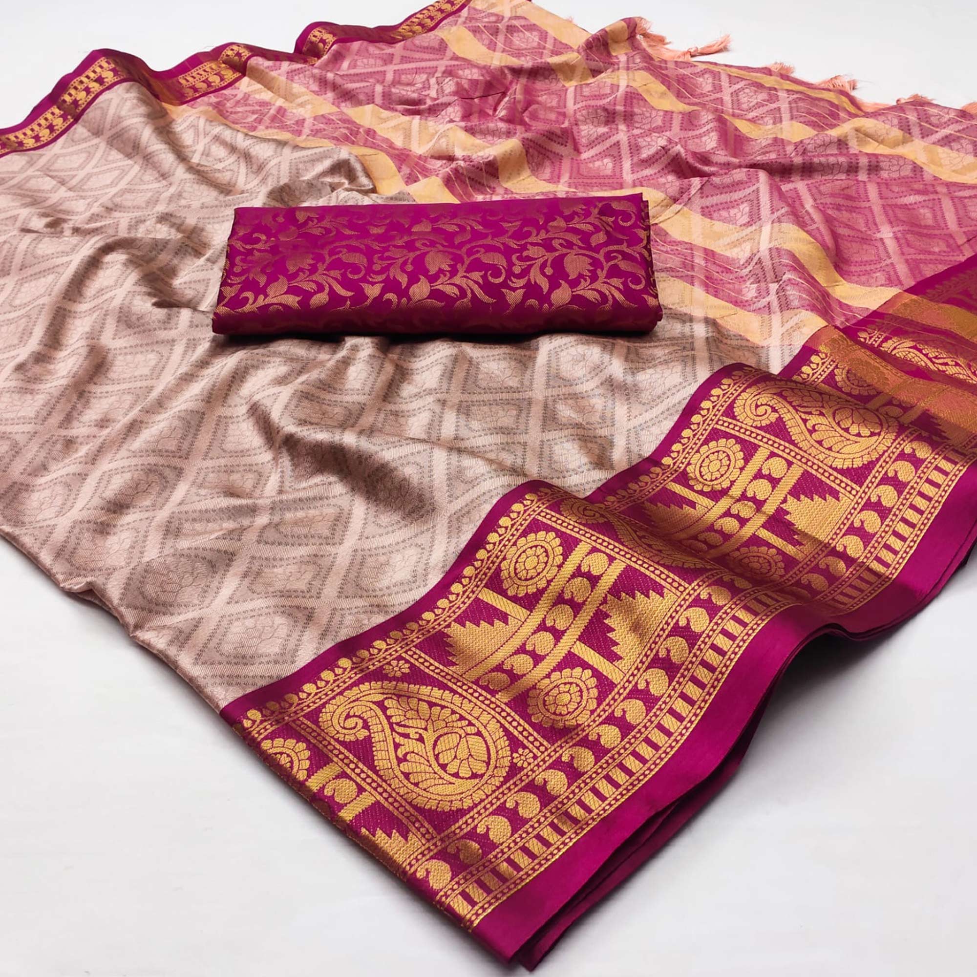 Beige Woven Cotton Silk Saree With Tassels