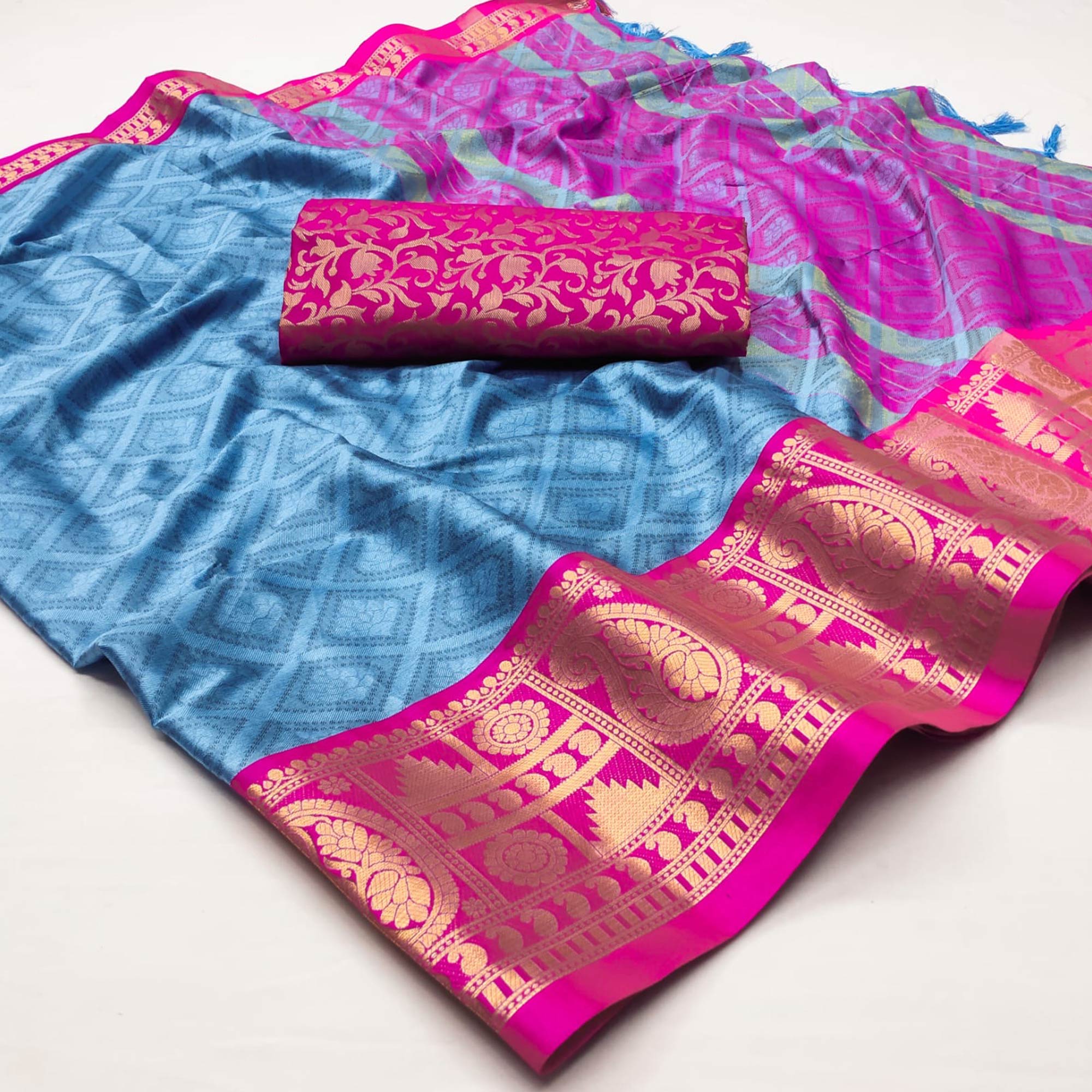 Blue Woven Cotton Silk Saree With Tassels