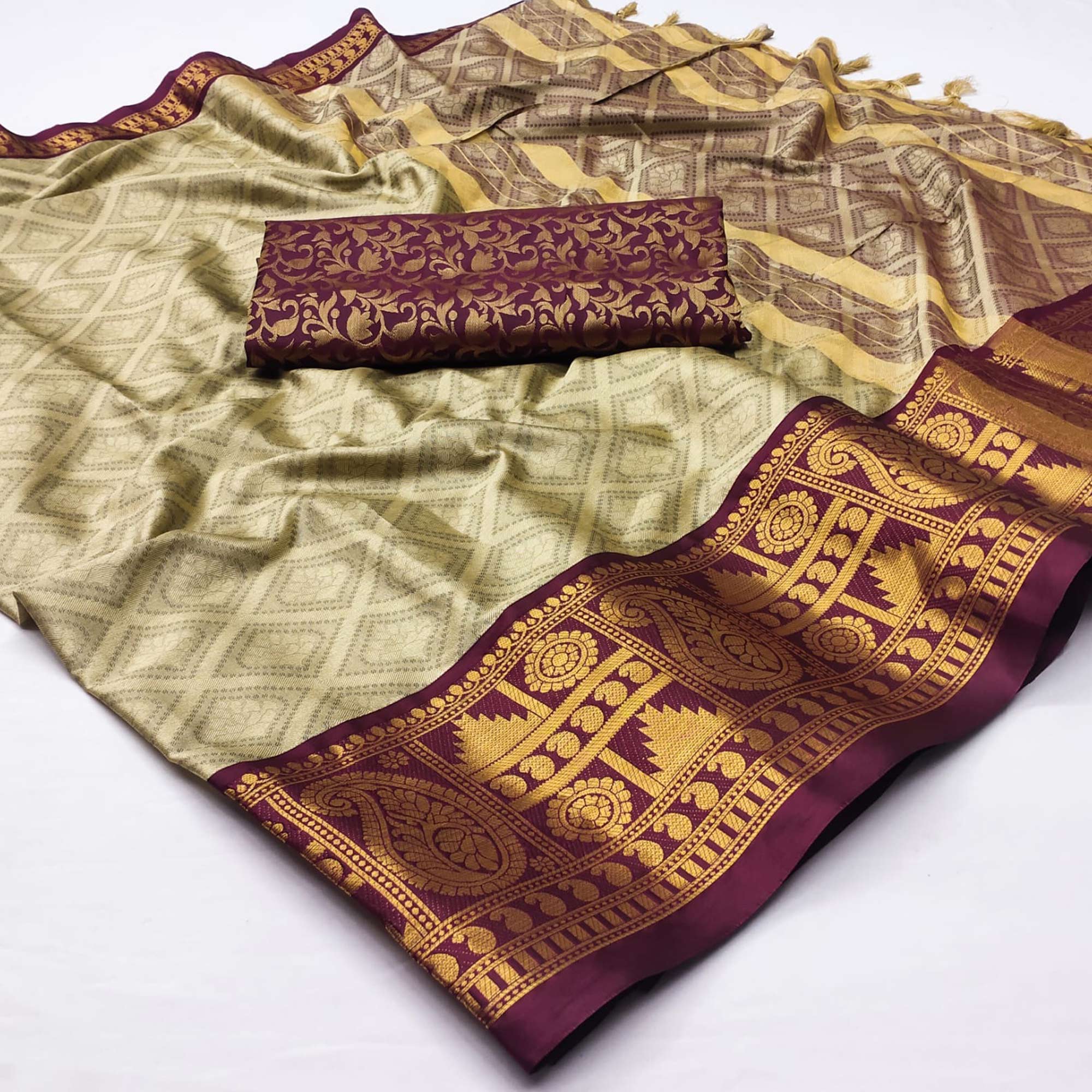 Chikoo Woven Cotton Silk Saree With Tassels