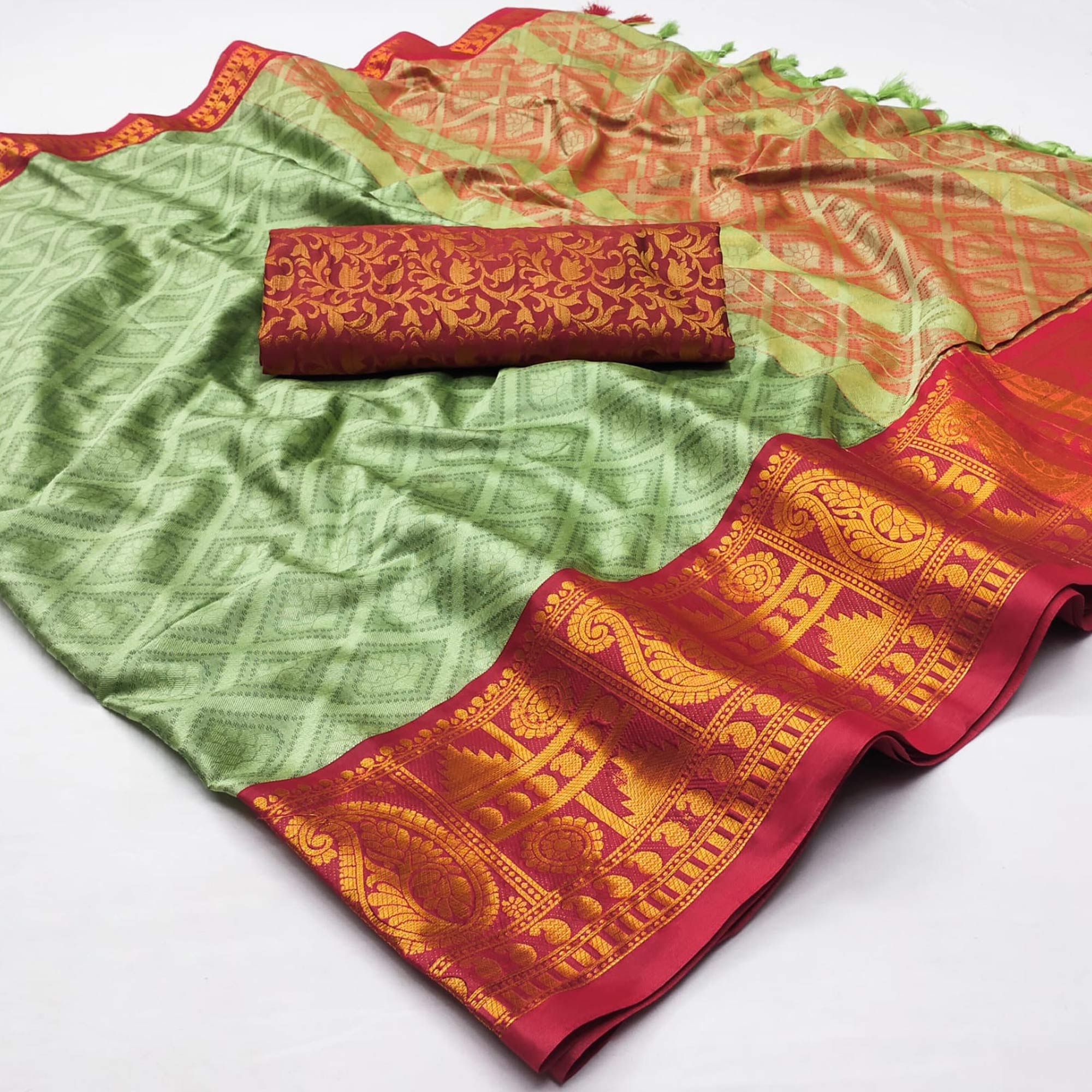 Green Woven Cotton Silk Saree With Tassels