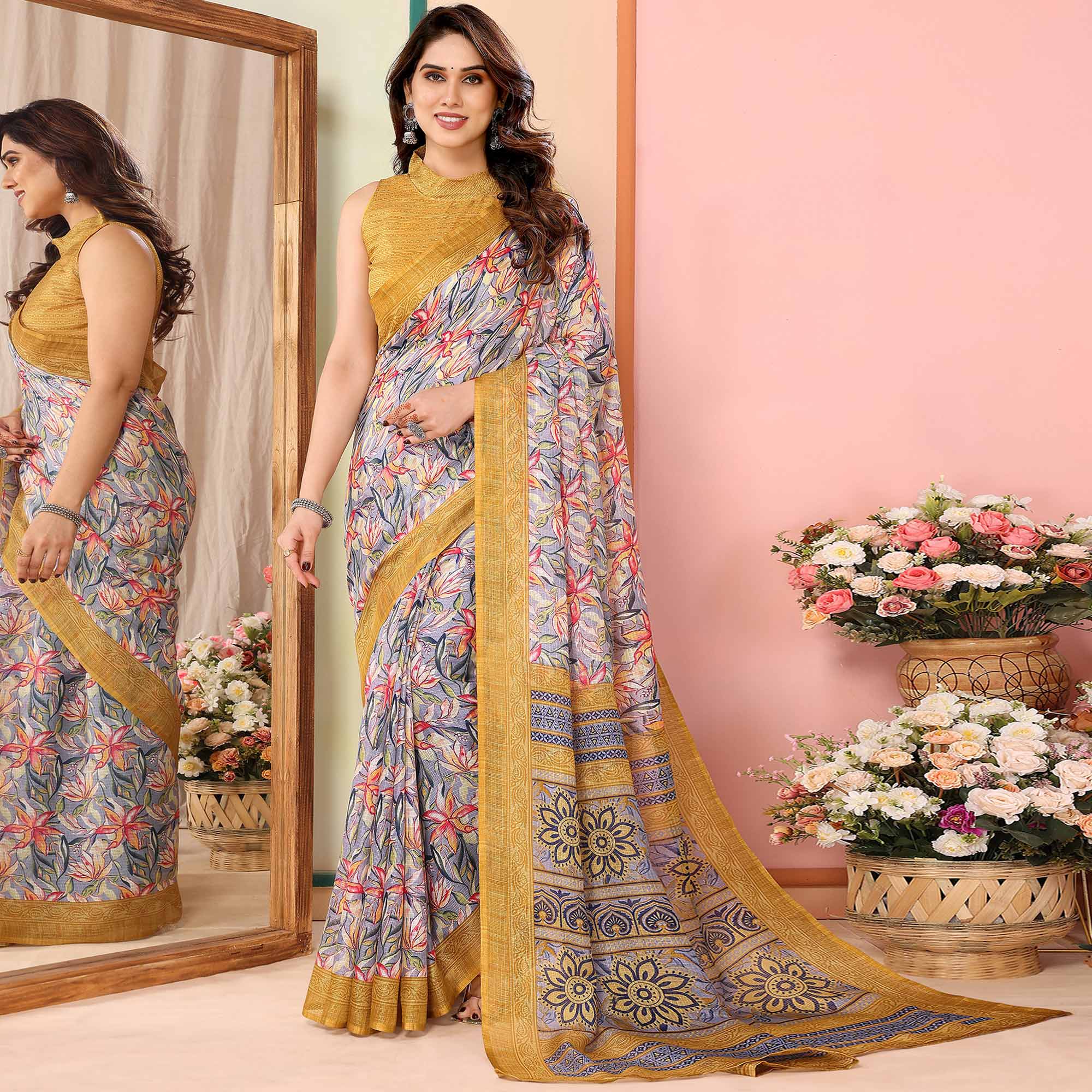 Grey & Mustard Floral Printed Kota Doria Saree