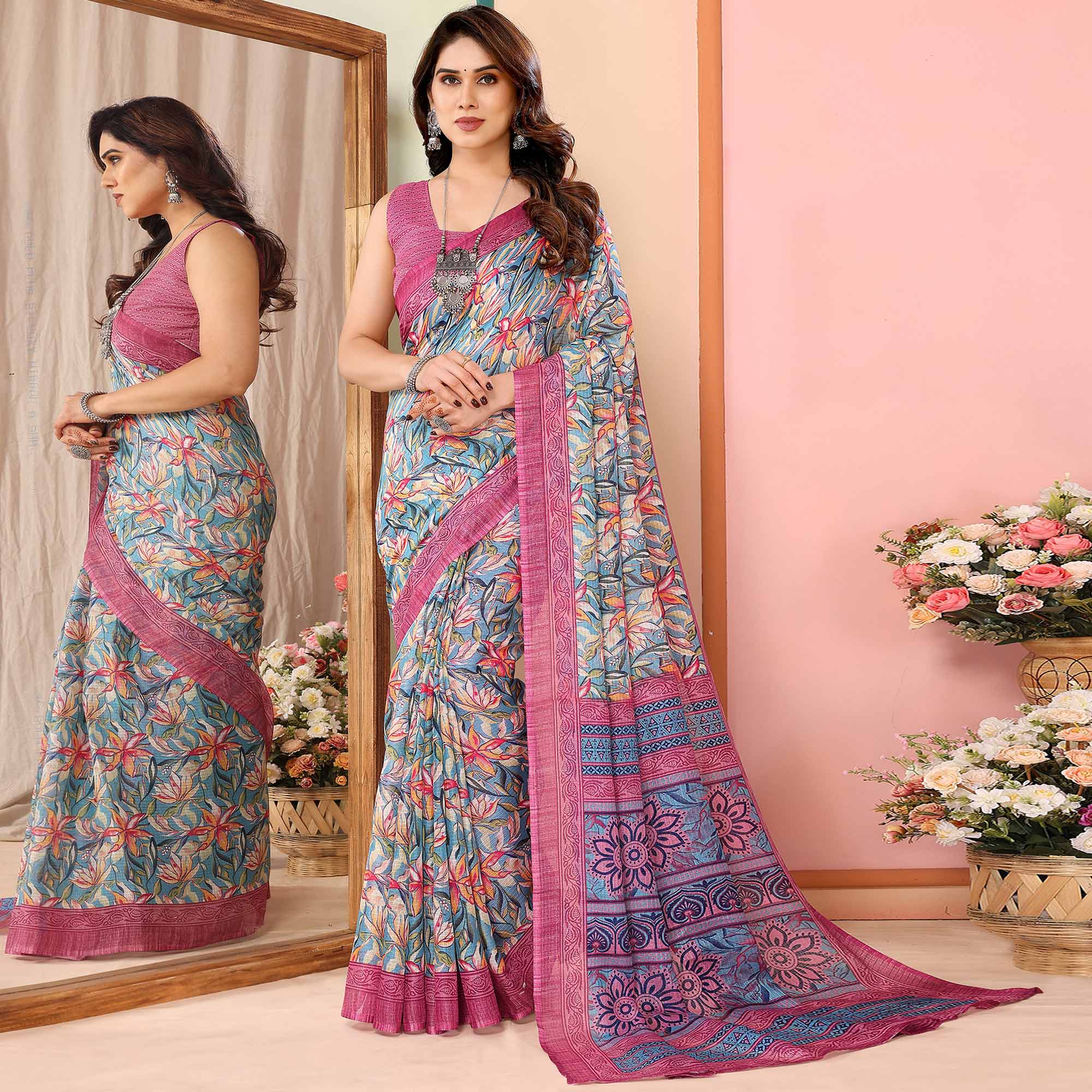 Grey & Pink Floral Printed Kota Doria Saree