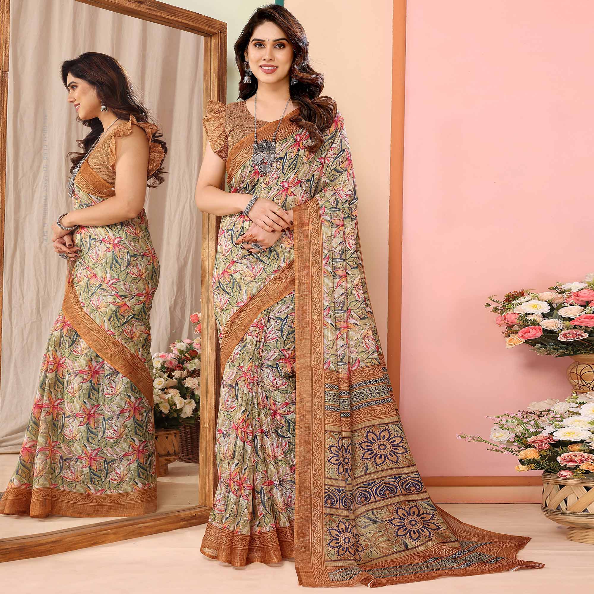 Green & Brown Floral Printed Kota Doria Saree