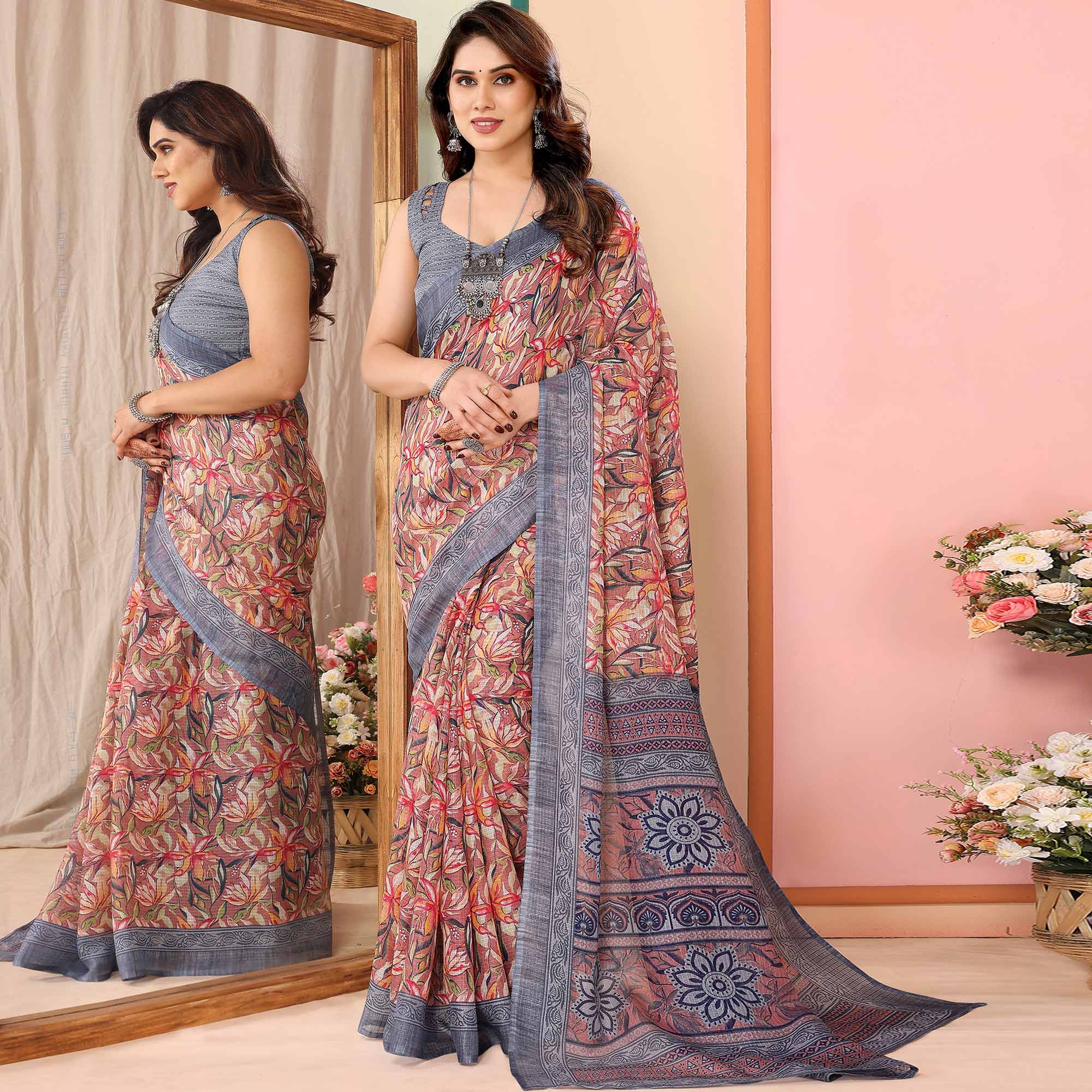 Mauve & Grey Floral Printed Kota Doria Saree