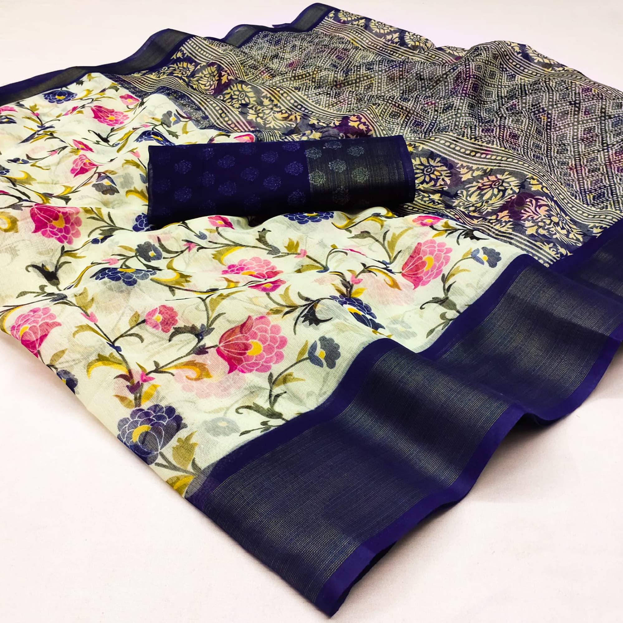 White & Navy Blue Floral Printed Cotton Blend Saree