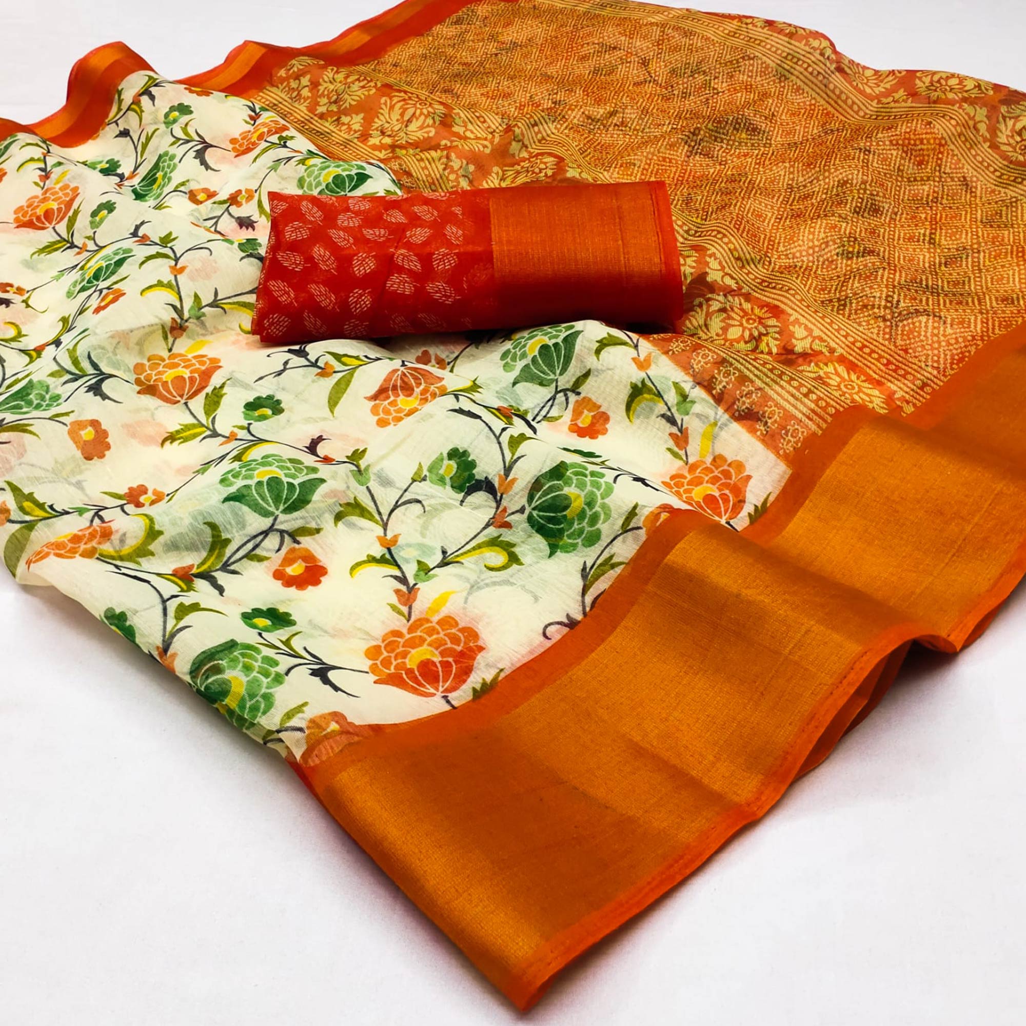 White & Orange Floral Printed Cotton Blend Saree