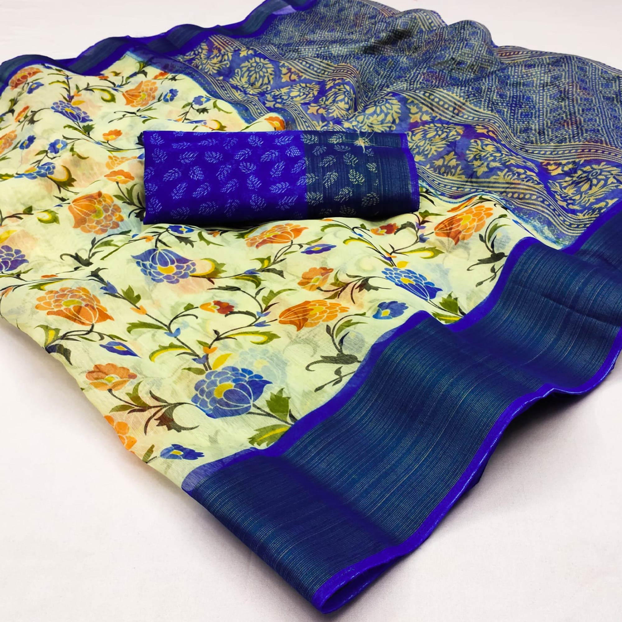 White & Royal Blue Floral Printed Cotton Blend Saree