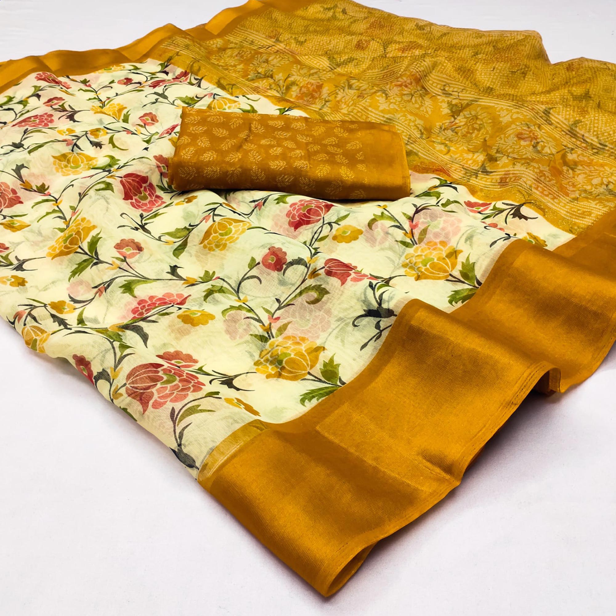 White & Yellow Floral Printed Cotton Blend Saree