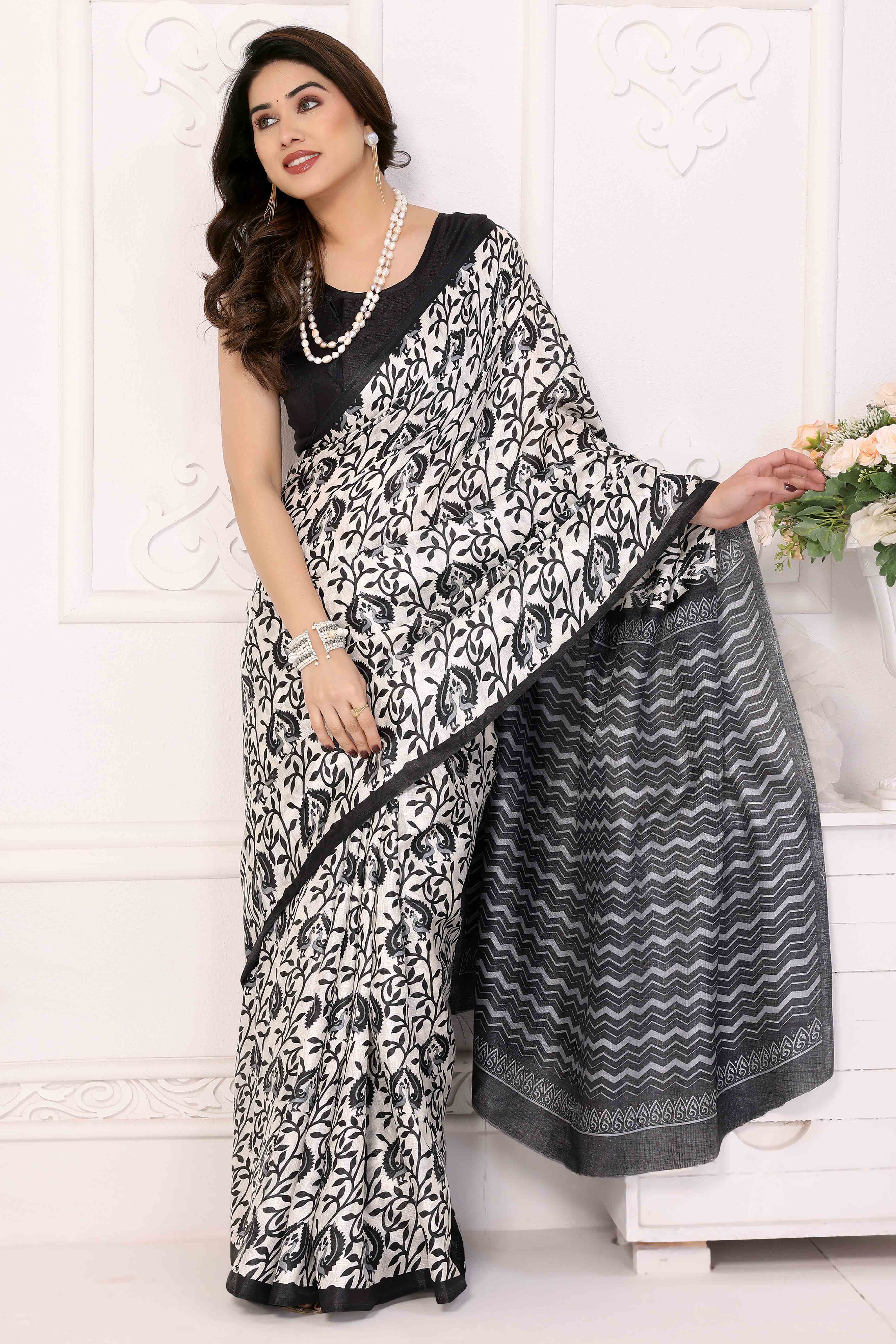 Black Floral Printed Khaadi Saree