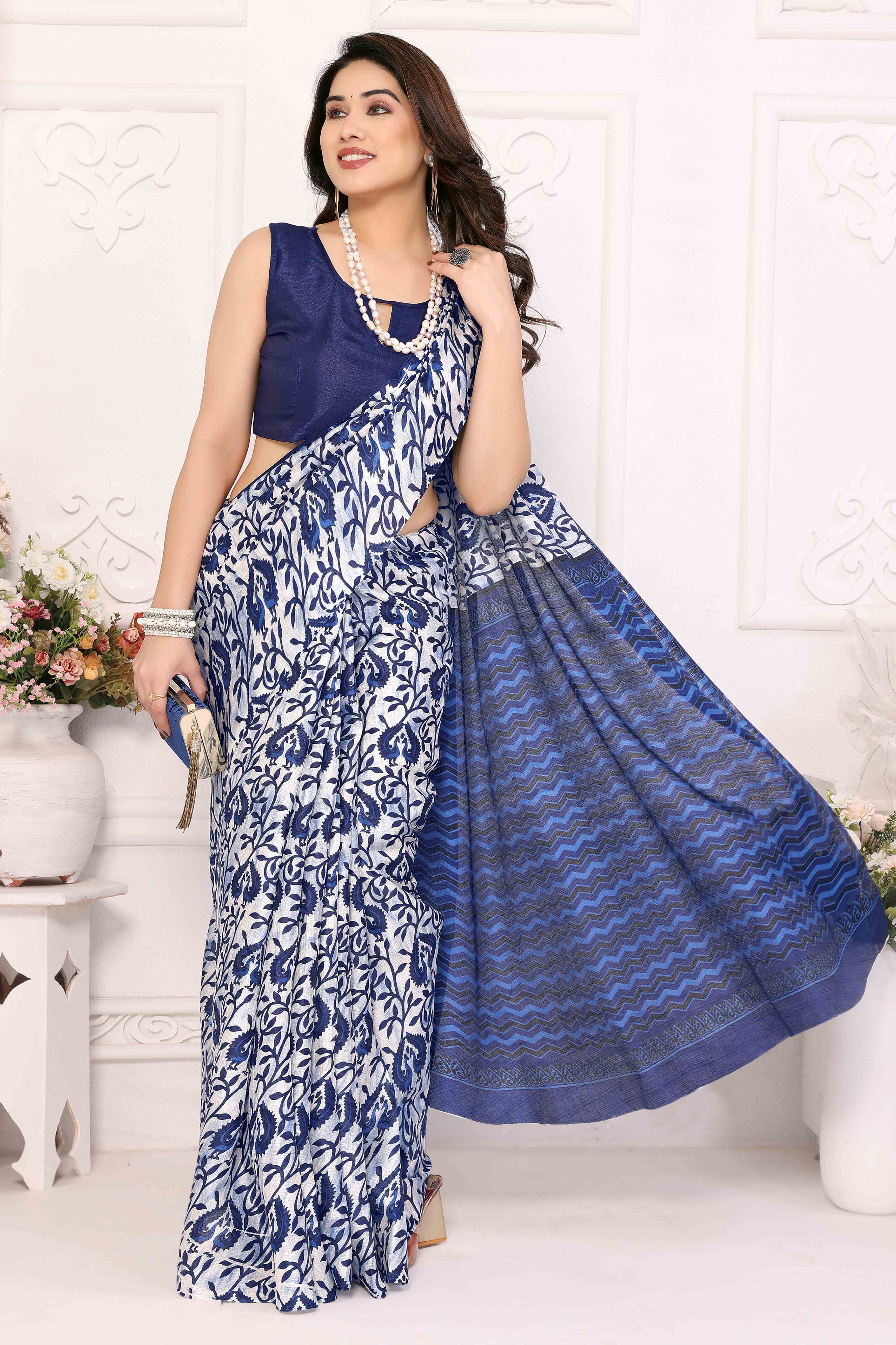 Blue Floral Printed Khaadi Saree