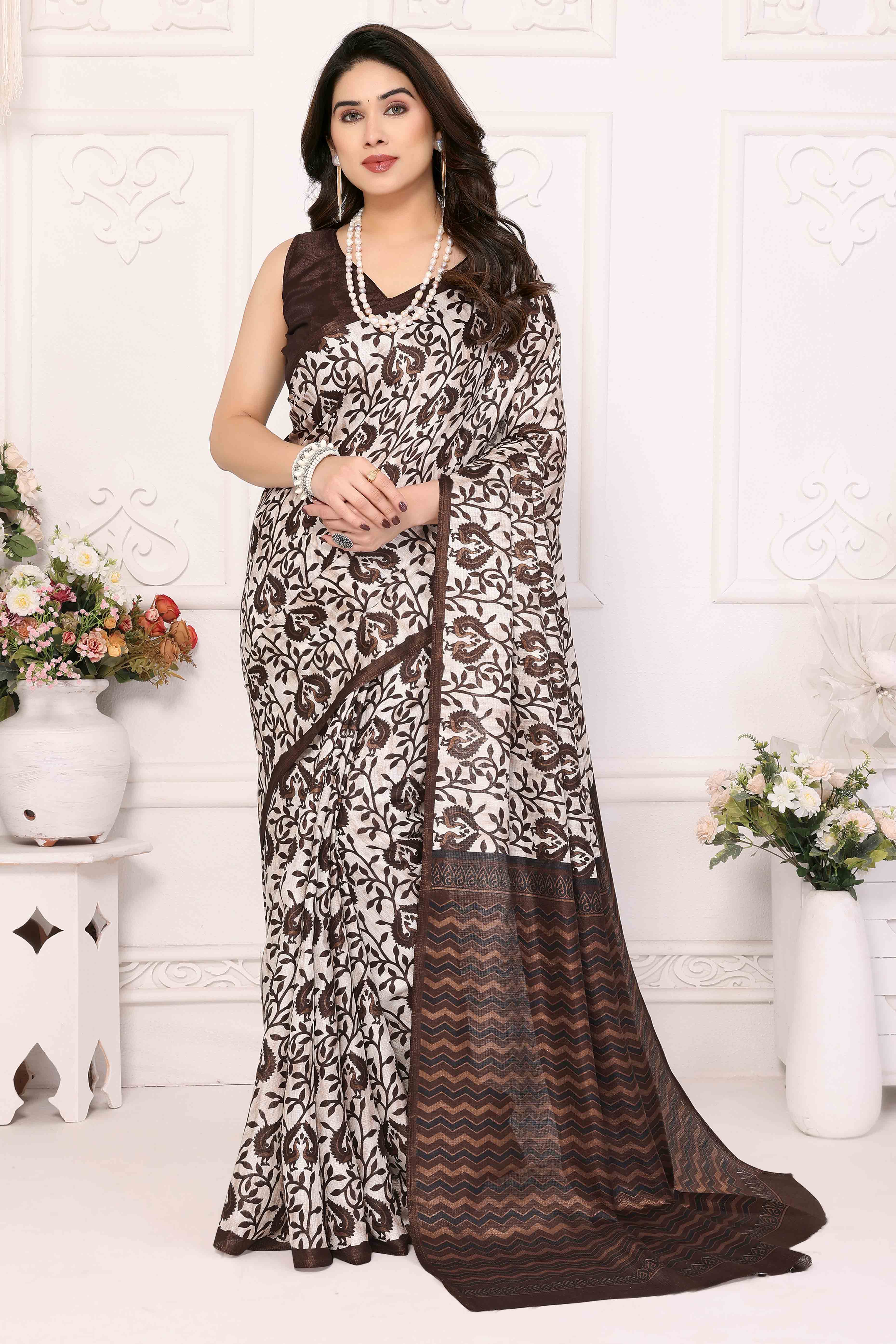 Brown Floral Printed Khaadi Saree